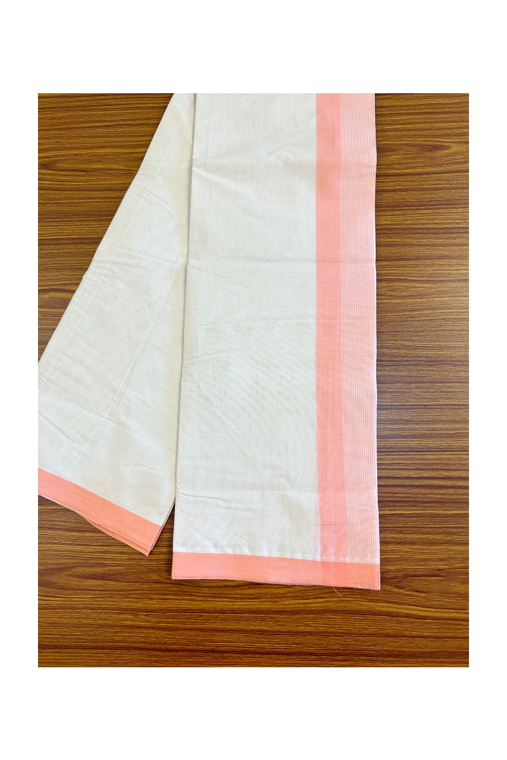 28% DISCOUNT! KaithariKada Balaramapuram 100% Cotton Double Off white Mundu/Dhoti-100x100 Peach Striped Kara- 27KK455ASH