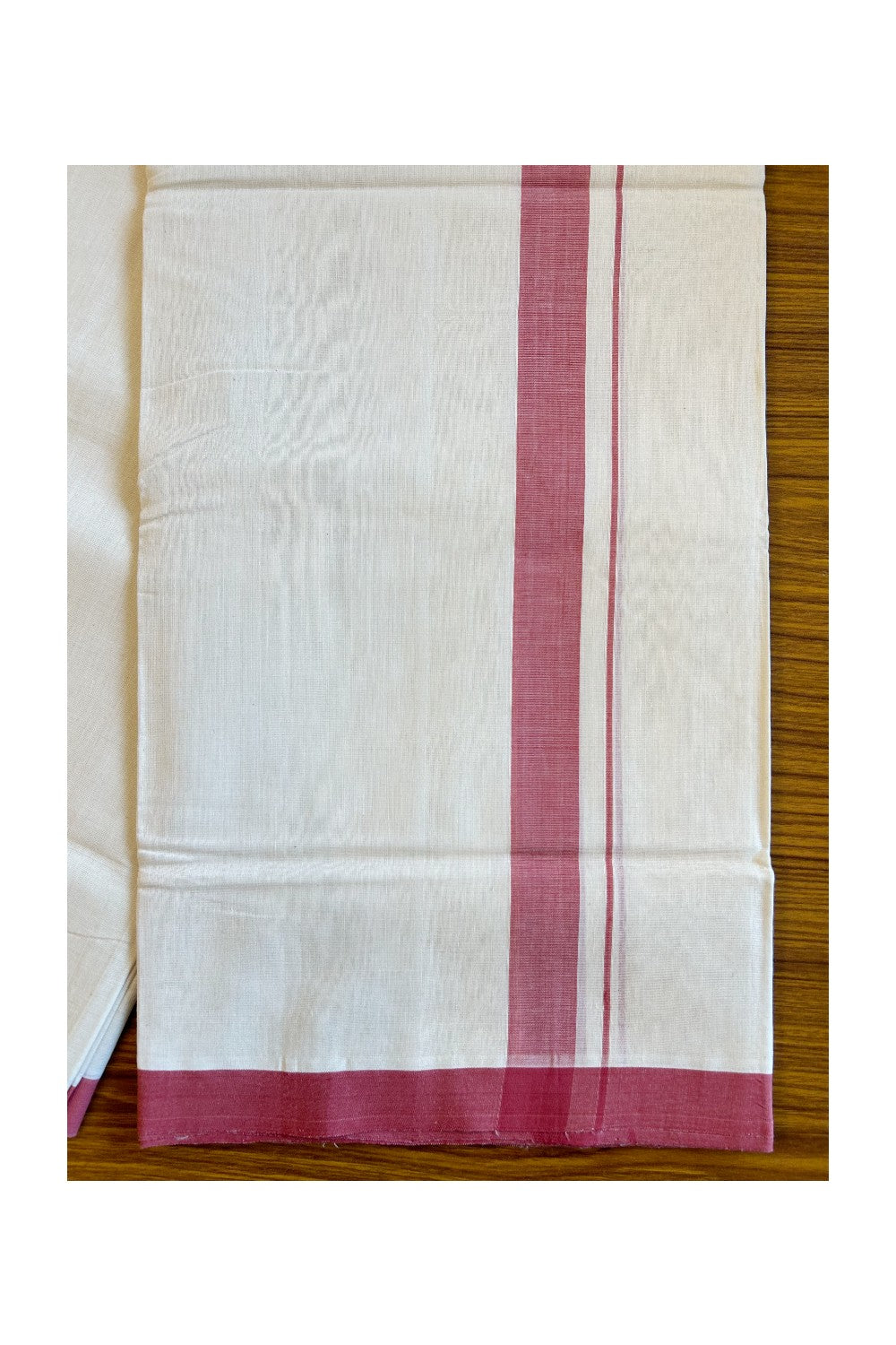 30% DISCOUNT!! KaithariKada HANDLOOM UNAKKUPAAV Balaramapuram - 100% PURE Cotton OFF White (Unbleached) Double Mundu/Dothi - 1.5 Inch Light Maroon Mulloth Kara - 27KK456KK