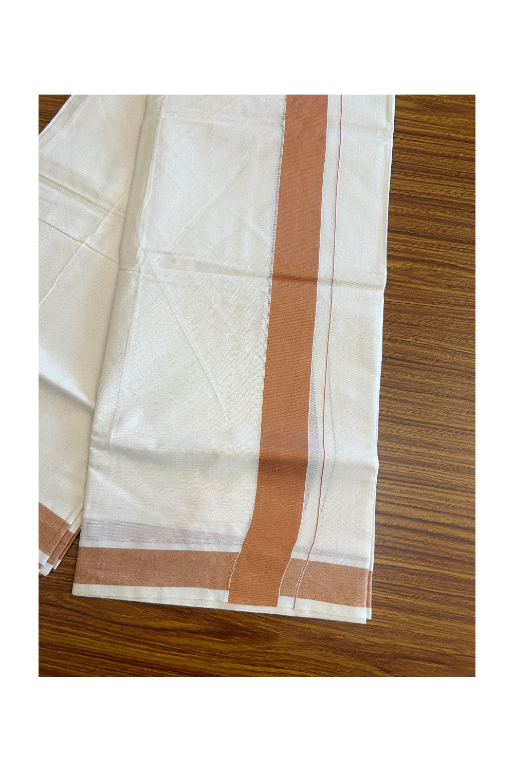10% Discount! KaithariKada Balaramapuram 100% Cotton Double Off white -(Unbleached) - Mundu/Dhoti-100X100- 2 inch Orange Brown Kara- 63.