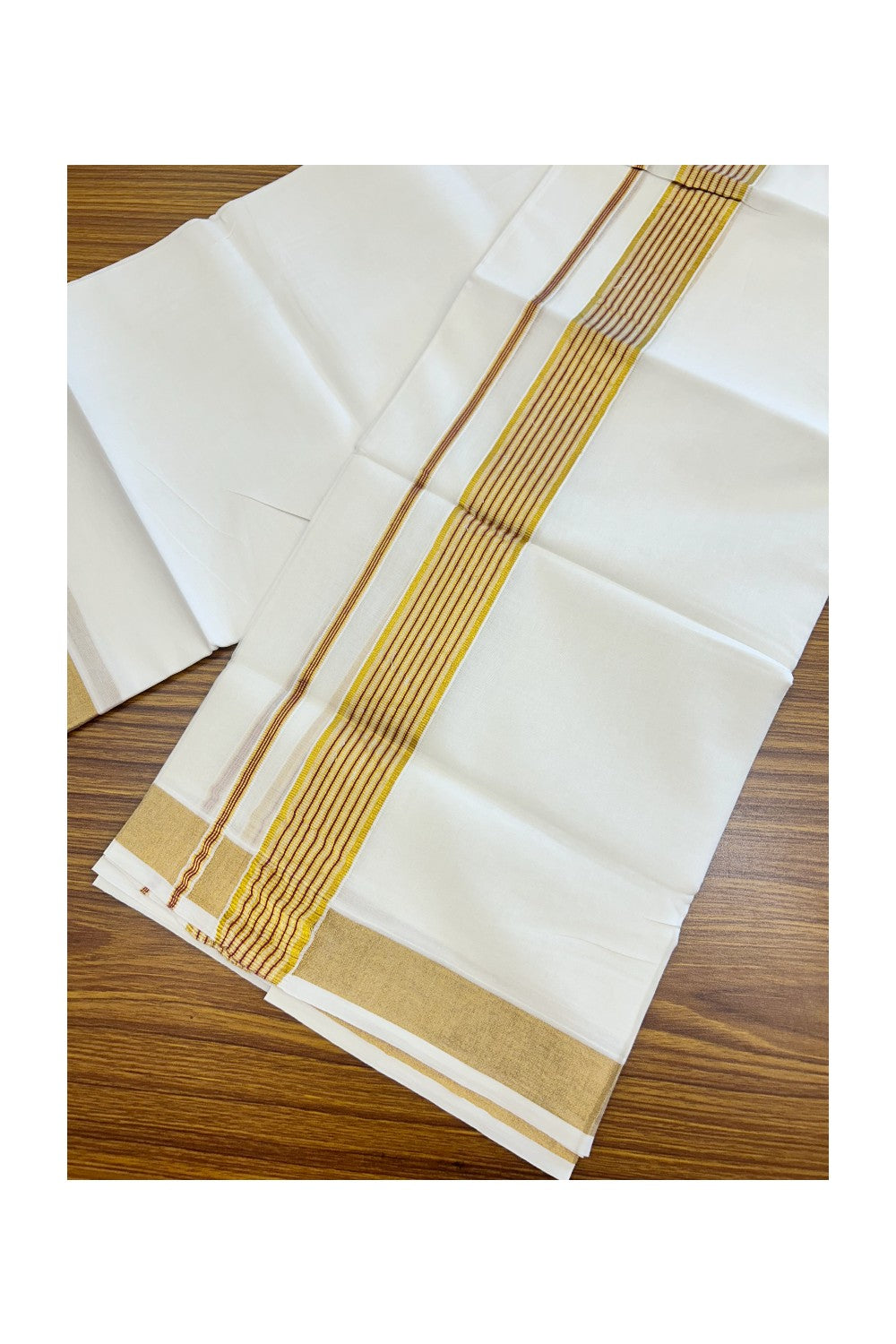 20% DISCOUNT! Kaitharikada Balaramapuram 100% Cotton PURE WHITE Double Mundu/Dothi- 80x80 - 1.75 Inch Gold Kasavu & Red striped Kara - 27KK5182VAS