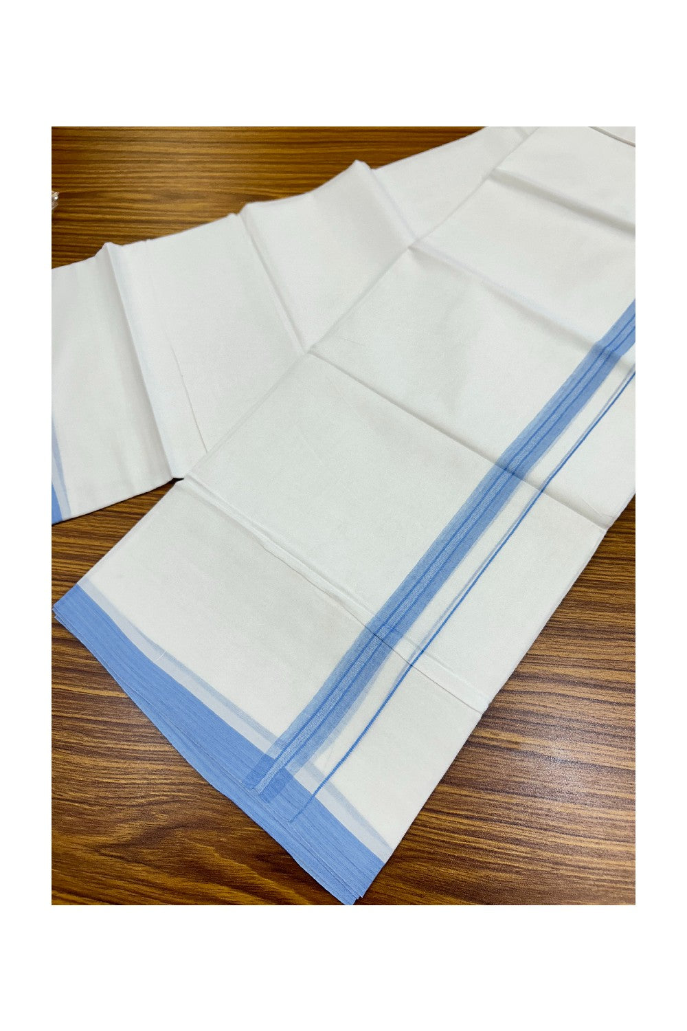 20% Discount!!! KaithariKada Balaramapuram DOUBLE PURE WHITE Mundu/Dhoti - 100X80 - 0.75 inch Sky Blue Striped & Shaded Designer Kara - 27KK5191CKS
