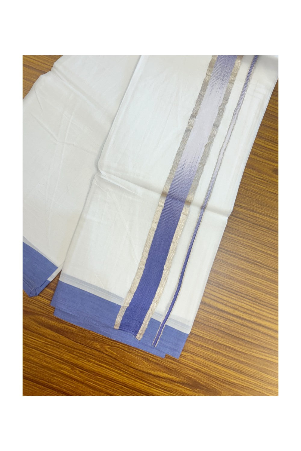 20% Discount!!! KaithariKada Balaramapuram Double PURE WHITE RAINBOW Mundu/Dhoti - 100X80 - 1.75 inch Silver Kasavu Violet Blue shaded Striped Designer Kara - 27KK5220 THI