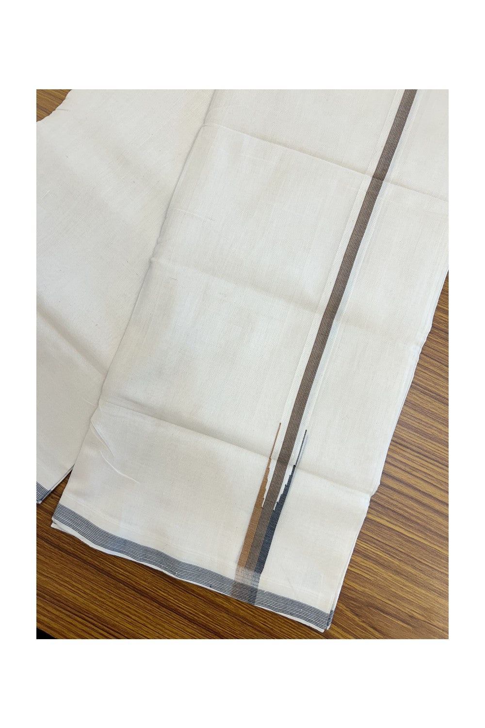 25% Discount! KaithariKada HANDLOOM UNAKKUPAAV Balaramapuram - 100% PURE Cotton OFF WHITE (Unbleached) Double Mundu/Dhoti - 80x90 - 2.5 cm Brown & Black stripes chutty 4 Mtr (8.5 Muzham) - 27KK5235 YAR