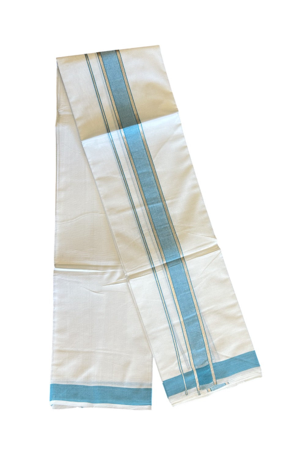 29% DISCOUNT! KaithariKada Balaramapuram 100% Mercerised Cotton Double ULTRA PURE white Mundu/Dhoti - 100x100 2.25 inch Silver Kasavu & Turquoise blue Kara - 28KK5108GAN