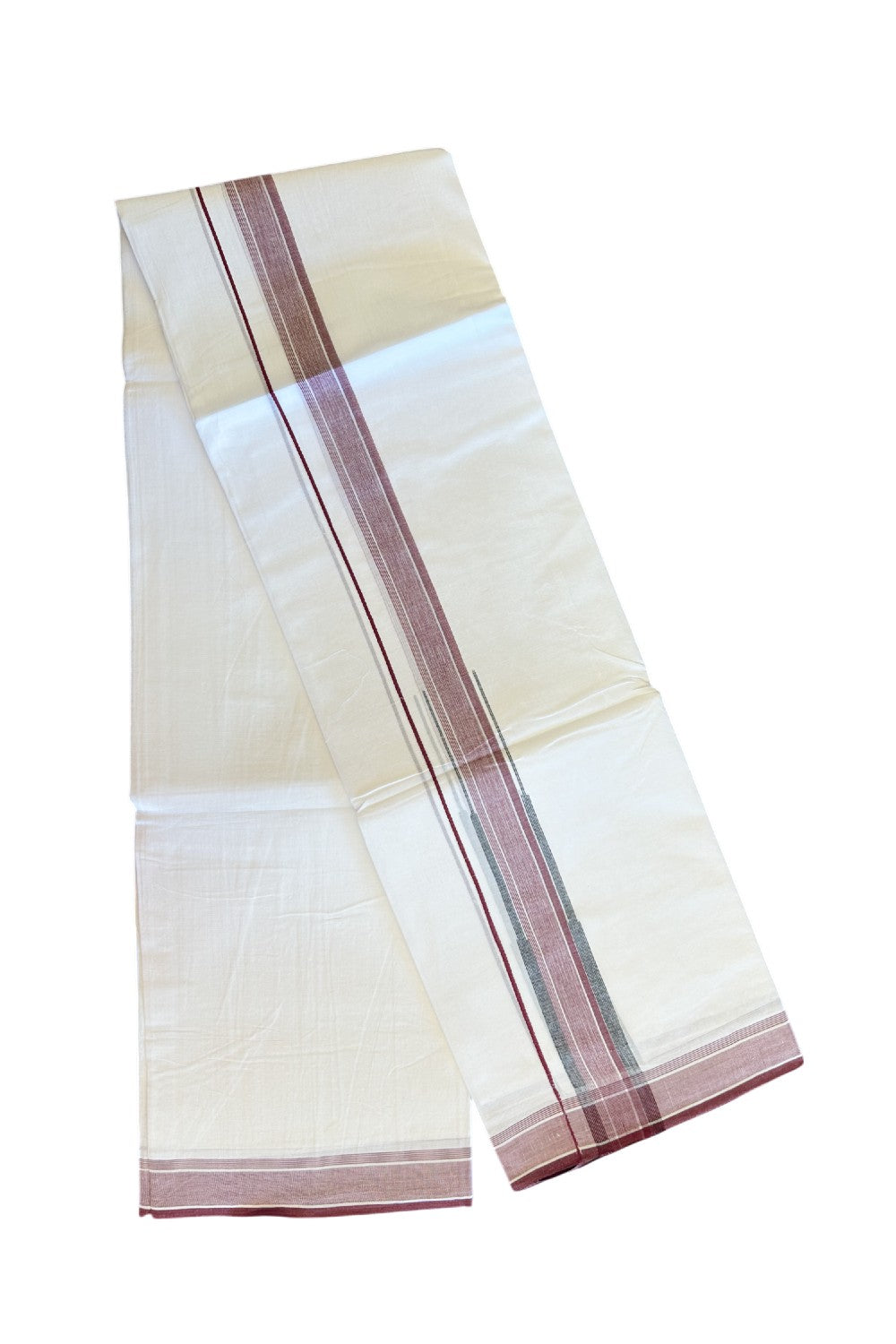 20% DISCOUNT!! Kaitharikada Balaramapuram 100% Cotton PURE WHITE Double Mundu/Dothi-80X90 - 1.75 Inch Maroon & Black Striped Chutty Kara 3.70m (8 Muzham) - 47KK5115THI