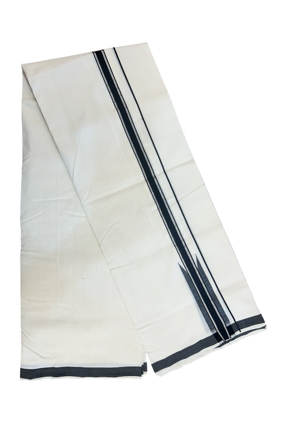 25% DISCOUNT!! KaithariKada HANDLOOM UNAKKUPAAV Balaramapuram - 100% PURE Cotton OFF White - (Unbleached) Double Mundu/Dothi - 120(Twisted)X 100 - 1.5 inch Silver kasavu stripes Black Puliyilakkara chutty 3.80 meter (8.5 Muzham) - 24KK5167REA