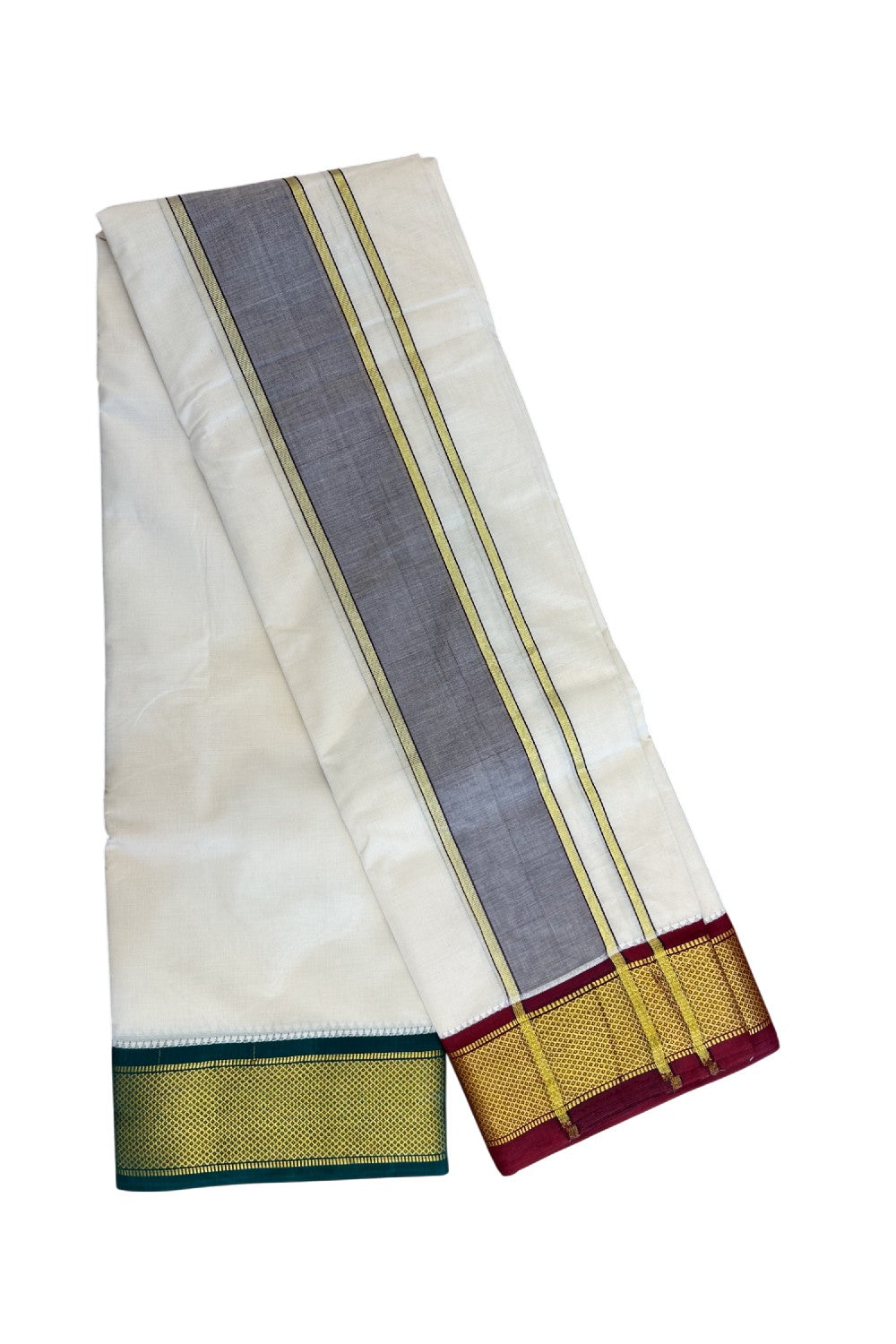 20% DISCOUNT! KaithariKada 100% Cotton Off White - (Unbleached) 100x100 thread - NORTH INDIAN- ATTACHED GAMCHA 9x5 Dhoti 3.5 inch Violet kara with Maroon & Dark Green Kasavu border - 28KK5196PMC