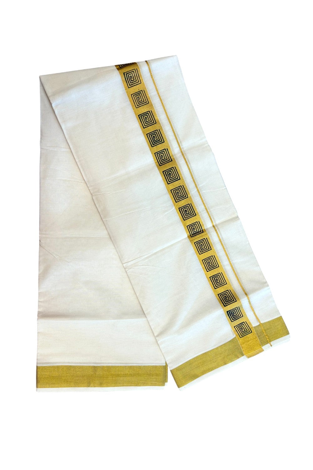 22% Discount!! KaithariKada Balaramapuram 100% Cotton DOUBLE OFF WHITE - (Ubleached) Mundu/Dhoti - 80x90 - 1.5 inch Gold Kasavu with Dark Green Printed Design Kara - 28KK5219 GAN