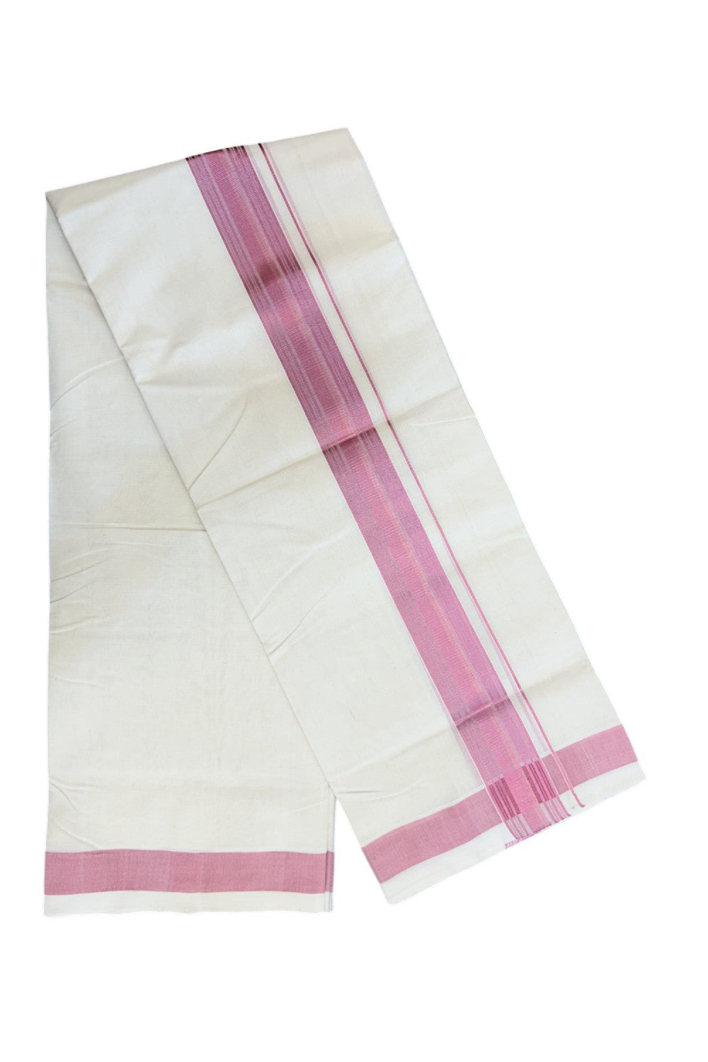 25% DISCOUNT!! KaithariKada HANDLOOM MILLPAAV Balaramapuram - 100% PURE Cotton OFF White (Unbleached) Double Mundu/Dothi -80x90 - 2 inch ROSE PINK Kasav Striped kara 4 mtr (8.5 muzham) - 27KK5234 RAM