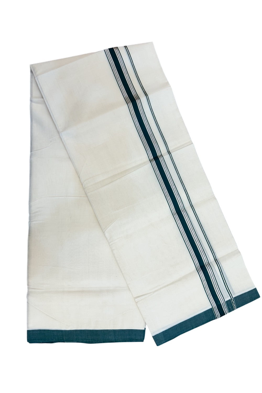 25% Discount!!! KaithariKada HANDLOOM MILLPAAV Balaramapuram - 100% PURE Cotton OFF WHITE (Unbleached) Double Mundu/Dhoti - 80x90 - 1.25 inch Silver kasavu Green striped kara 4 Mtr (8.5 Muzham) - 28KK5235 YAR