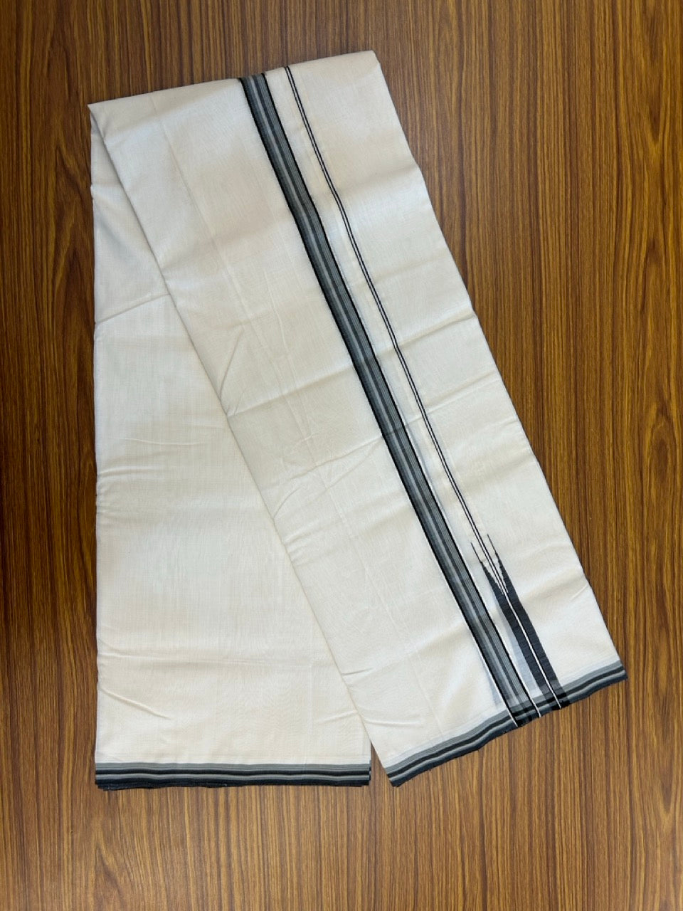 25% DISCOUNT!! KaithariKada HANDLOOM UNAKKUPAAV Balaramapuram - 100% PURE Cotton OFF White - (Unbleached) Double Mundu/Dothi - 100 x 80 - Ash Black Grey Chutty Silver Kasav Kara - 3.80 meter (8.5 Mulam) - 28 KK5249 REA