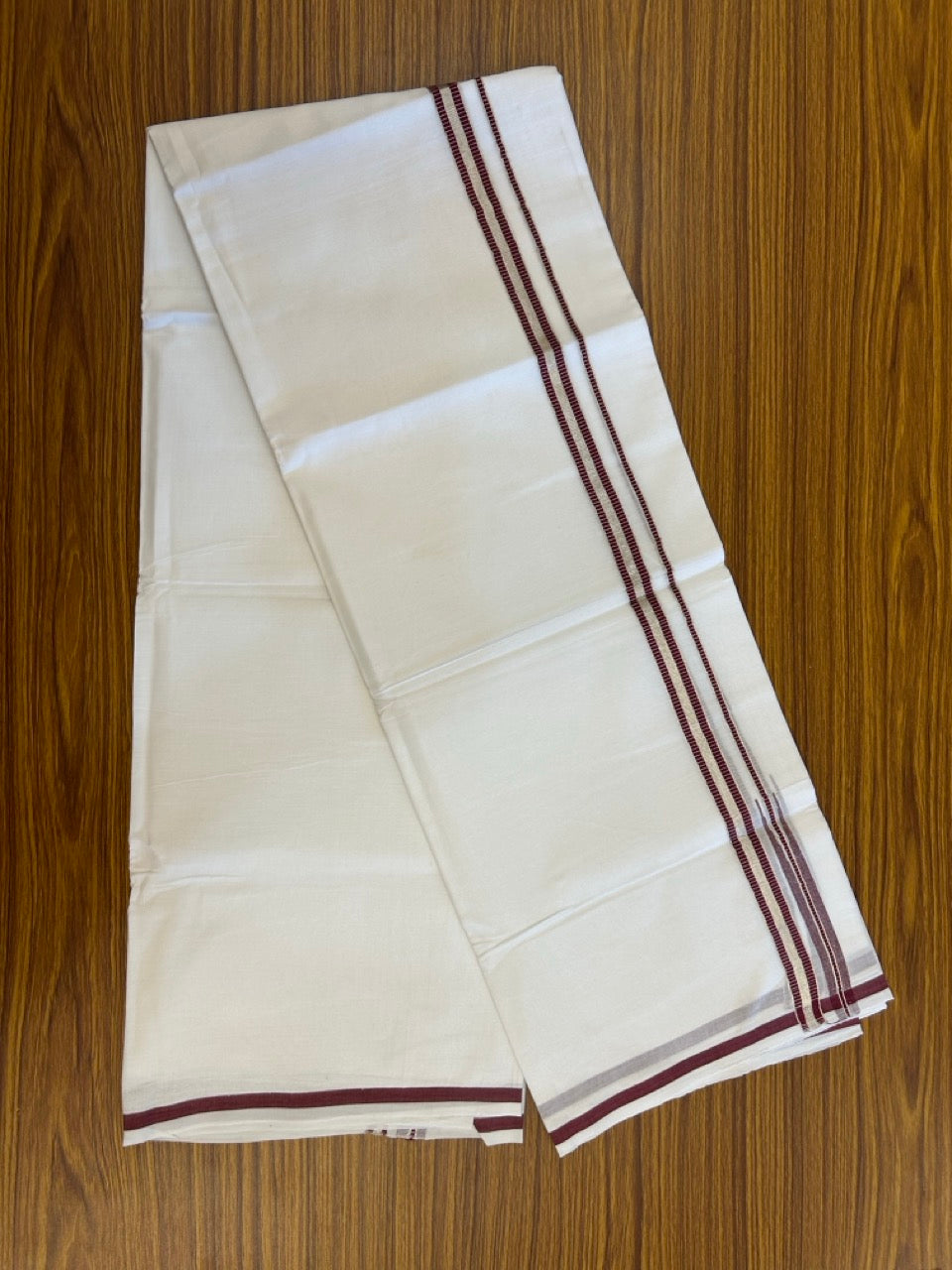 20% Discount ! NEW! KaithariKada Balaramapuram 100% Cotton Pure white Double Mundu/Dhoti - (100x80)s - 0.75 inch Maroon Chutty Silver Kasav - 28 KK5252 CKS