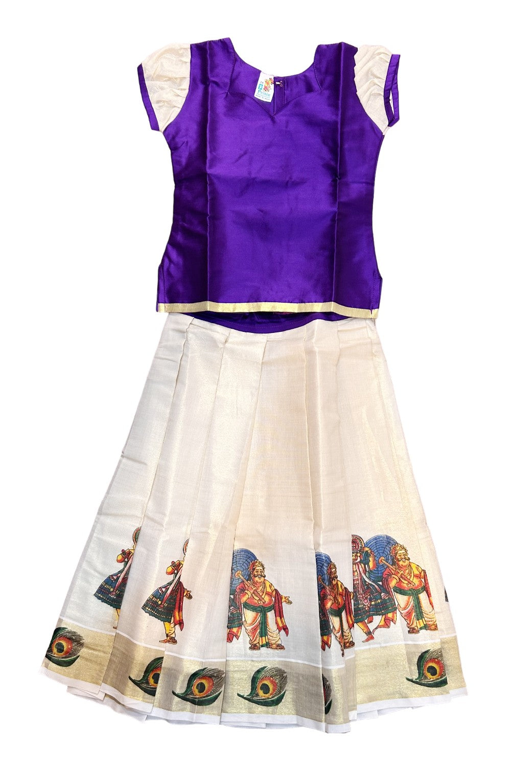 Midukki-Traditional South Indian Kids Pattu Pavada- Violet top tissue skirt with peacock feather print- Age 6 - KK6MID0028