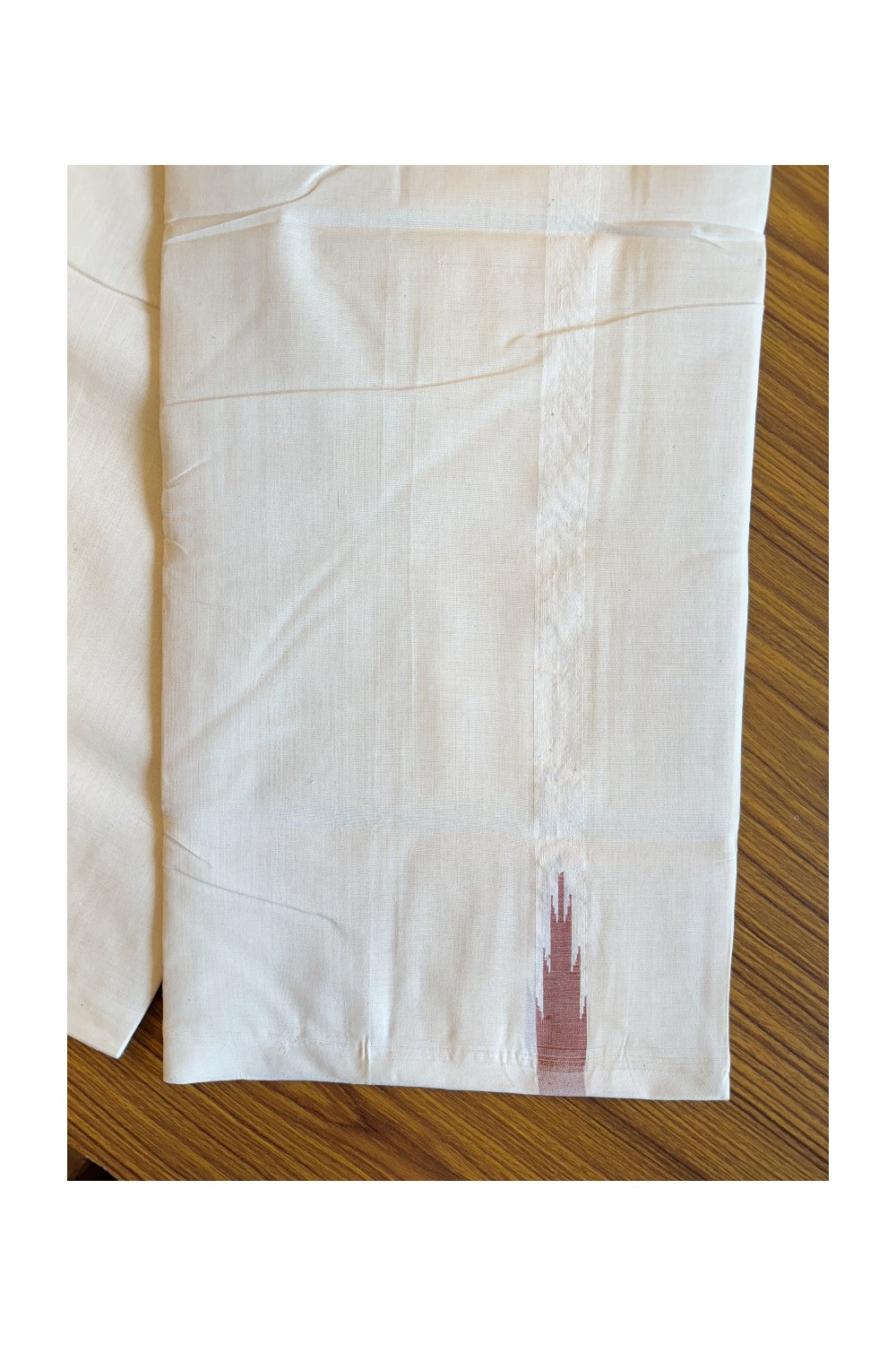 25% Discount!! KaithariKada Handloom Millpaav Balaramapuram - 100% Pure Cotton Off White (Unbleached) Double Mundu/Dothi - Brick red temple chutty - 28KK203RAM