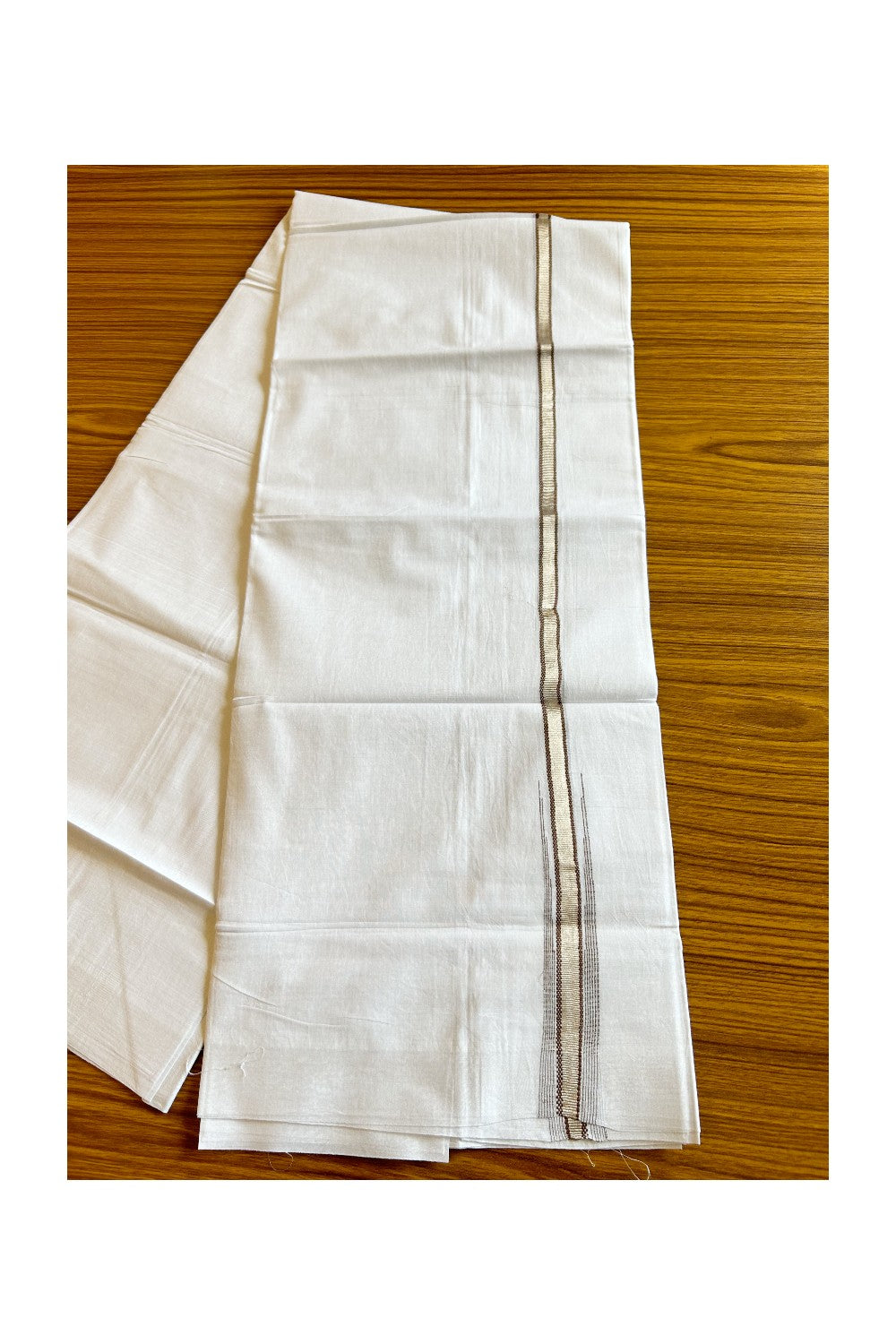8% Discount ! Kaitharikada Balaramapuram 100% Cotton PURE WHITE Double Mundu/Dothi- 0.5 inch Silver Kasavu & Brown Striped Chutty Kara - 28KK5032GAN