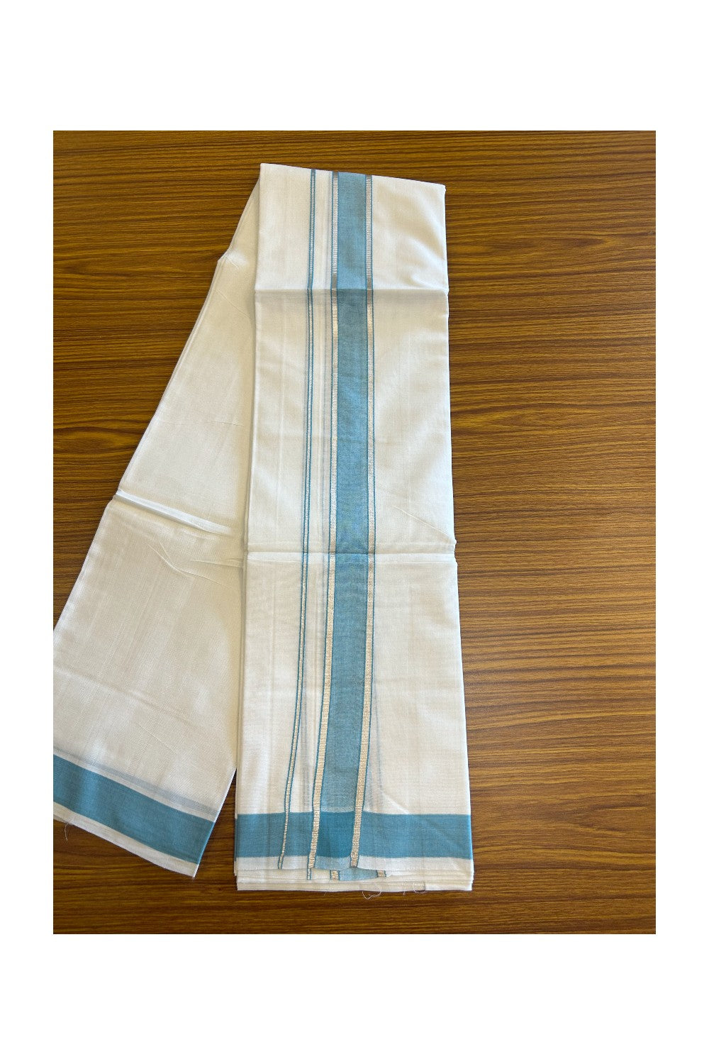29% DISCOUNT! KaithariKada Balaramapuram 100% Mercerised Cotton Double ULTRA PURE white Mundu/Dhoti - 100x100 2.25 inch Silver Kasavu & Turquoise blue Kara - 28KK5108GAN