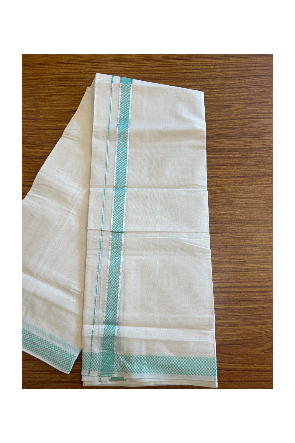 20% DISCOUNT ! KaithariKada Balaramapuram 100% Cotton Double off white  (Unbleached) Mundu/Dhoti - 100X90 - 1.75 inch Silver kasavu & Turquoise Green Check jacquard design kara - 28KK5113PMC