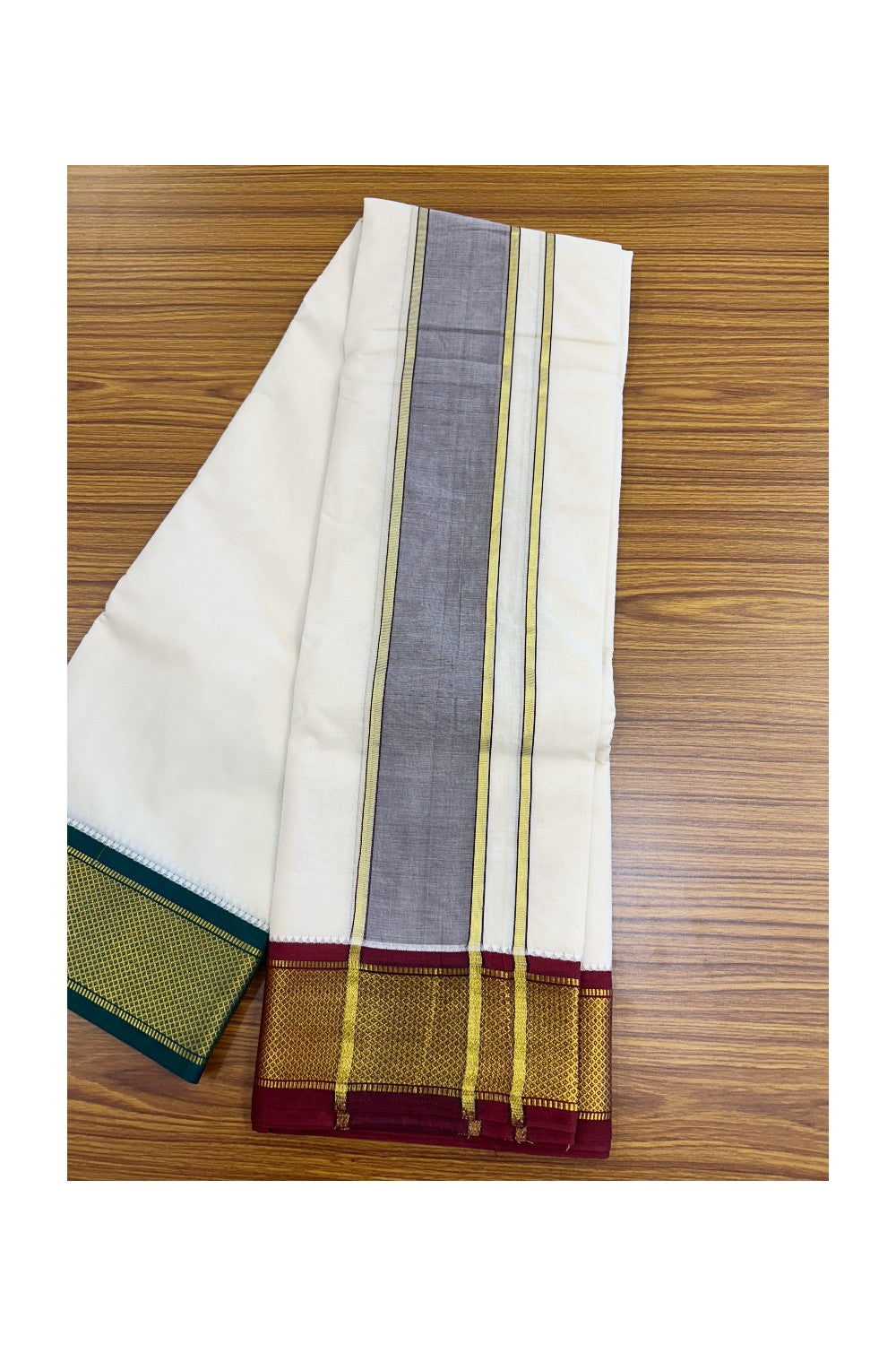 20% DISCOUNT! KaithariKada 100% Cotton Off White - (Unbleached) 100x100 thread - NORTH INDIAN- ATTACHED GAMCHA 9x5 Dhoti 3.5 inch Violet kara with Maroon & Dark Green Kasavu border - 28KK5196PMC