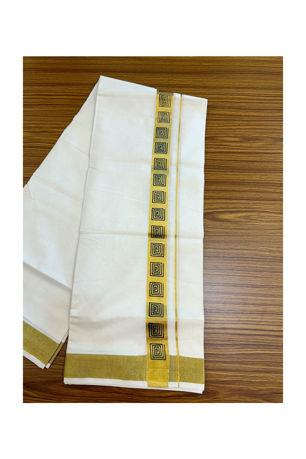 22% Discount!! KaithariKada Balaramapuram 100% Cotton DOUBLE OFF WHITE - (Ubleached) Mundu/Dhoti - 80x90 - 1.5 inch Gold Kasavu with Dark Green Printed Design Kara - 28KK5219 GAN
