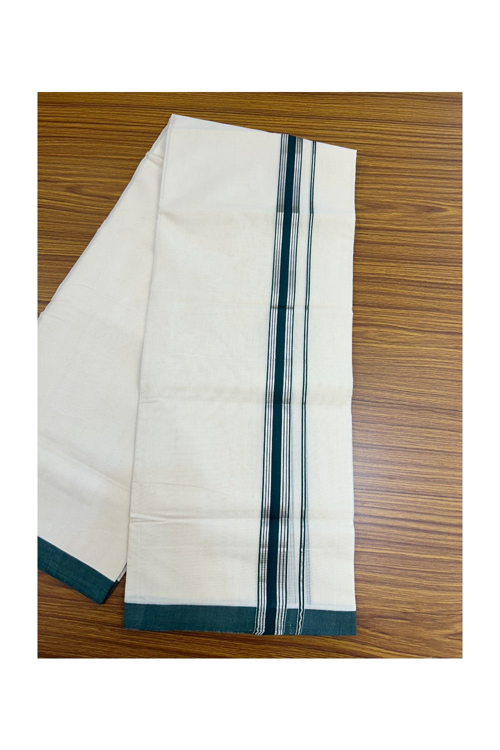 25% Discount!!! KaithariKada HANDLOOM MILLPAAV Balaramapuram - 100% PURE Cotton OFF WHITE (Unbleached) Double Mundu/Dhoti - 80x90 - 1.25 inch Silver kasavu Green striped kara 4 Mtr (8.5 Muzham) - 28KK5235 YAR