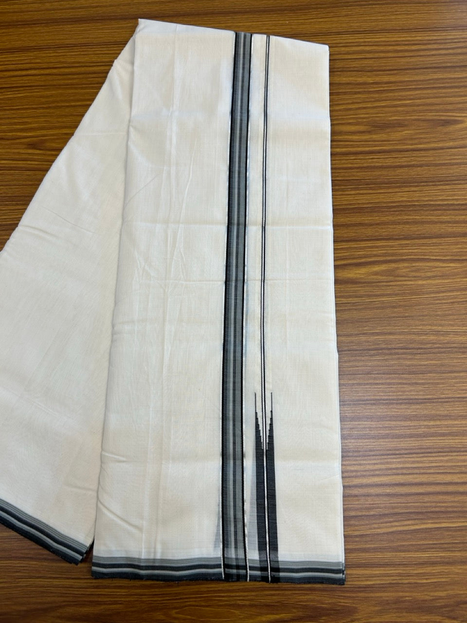 25% DISCOUNT!! KaithariKada HANDLOOM UNAKKUPAAV Balaramapuram - 100% PURE Cotton OFF White - (Unbleached) Double Mundu/Dothi - 100 x 80 - Ash Black Grey Chutty Silver Kasav Kara - 3.80 meter (8.5 Mulam) - 28 KK5249 REA