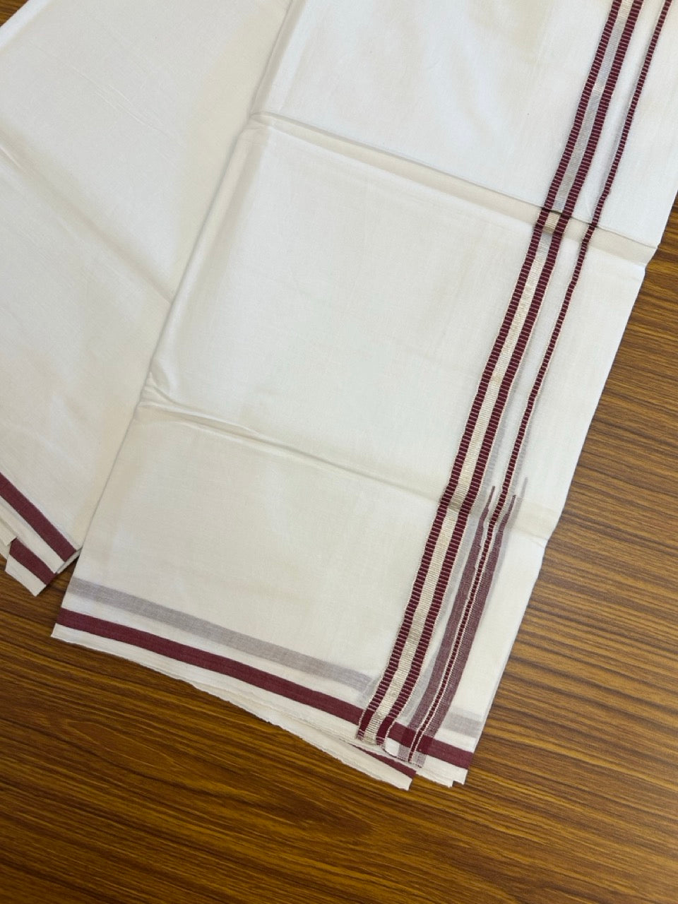 20% Discount ! NEW! KaithariKada Balaramapuram 100% Cotton Pure white Double Mundu/Dhoti - (100x80)s - 0.75 inch Maroon Chutty Silver Kasav - 28 KK5252 CKS