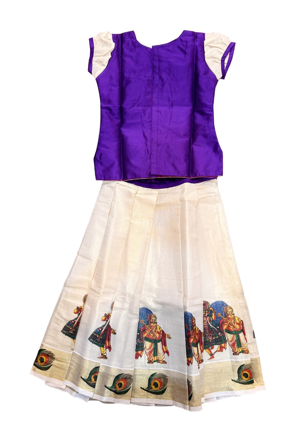 Midukki-Traditional South Indian Kids Pattu Pavada- Violet top tissue skirt with peacock feather print- Age 6 - KK6MID0028