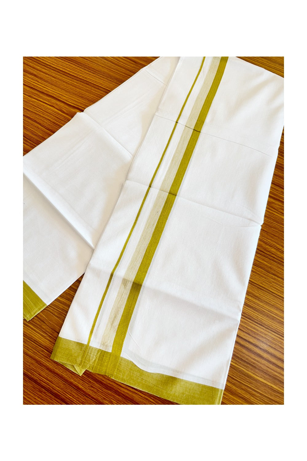24% Discount!! Kaitharikada Balaramapuram 100% Cotton Ultra White Double Mundu./Dothi-100x80 1.75 Inch Mustard Yellow Shaded Cotton Kara -28KK45VAS.