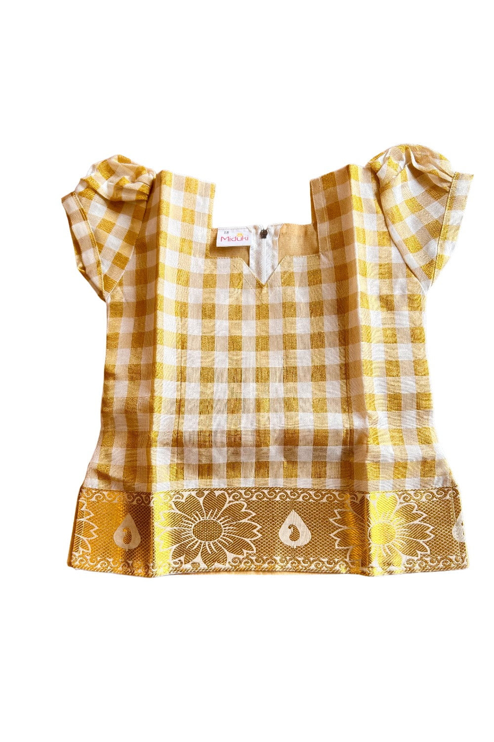Midukki-Traditional South Indian Kids Pattu Pavada- offwhite check top offwhite skirt with kasavu- Age 3 - KK3MID0028