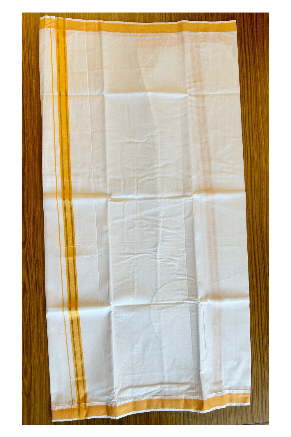 KaithariKada Balaramapuram Cotton Single Pure White Velcro Mundu/Dhoti - 1.75inch Orange & Kasav kara (2 metre / 4 muzham) - 27KK485SRI