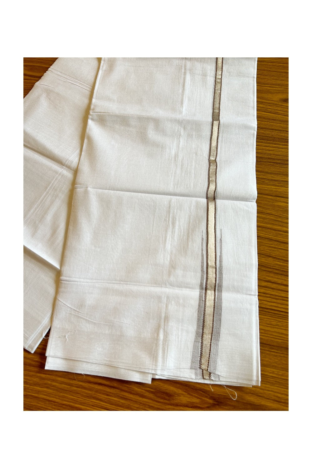 8% Discount ! Kaitharikada Balaramapuram 100% Cotton PURE WHITE Double Mundu/Dothi- 0.5 inch Silver Kasavu & Brown Striped Chutty Kara - 28KK5032GAN
