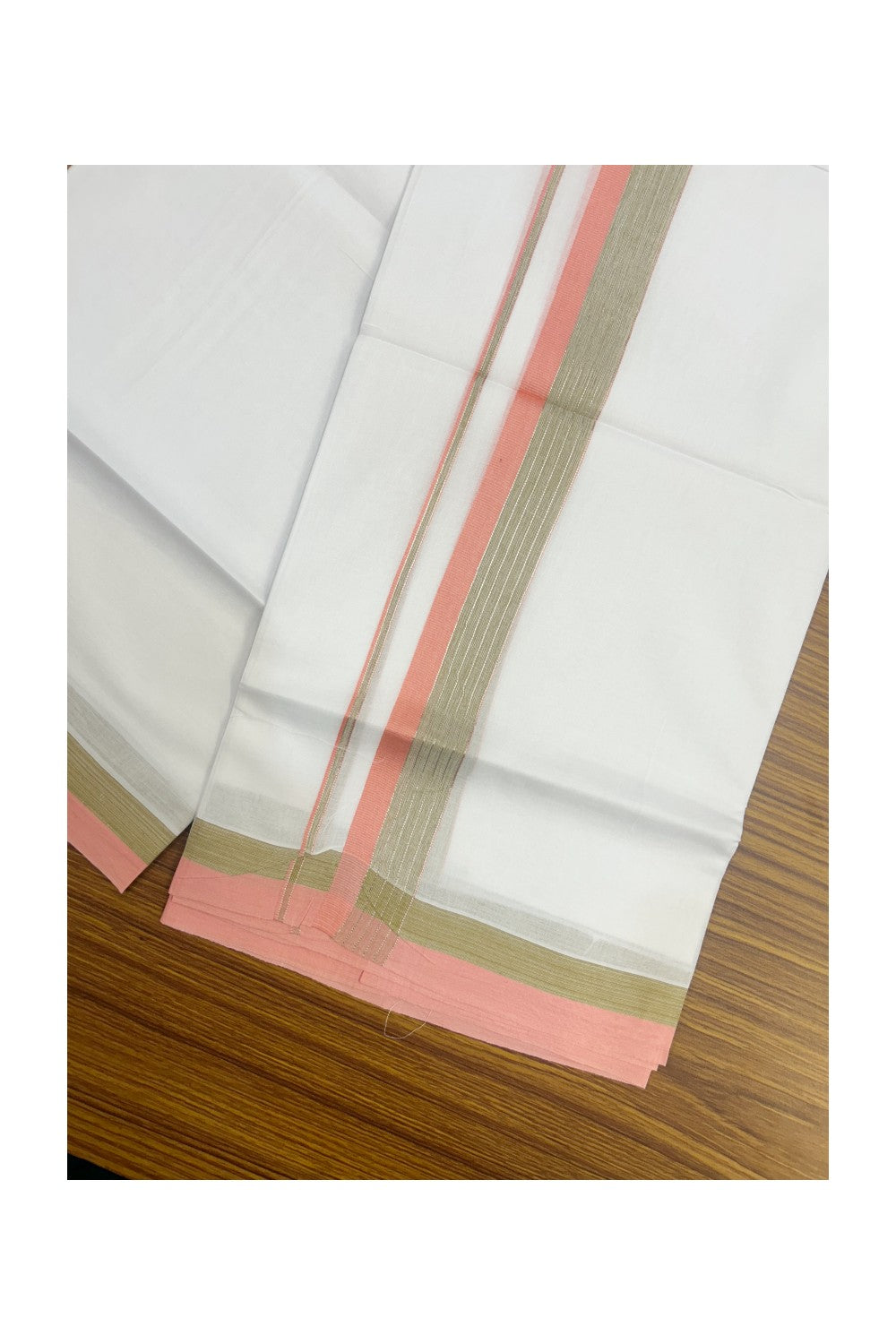 20% Discount ! KaithariKada Balaramapuram 100% Cotton Double Pure White Mundu/Dhoti - 100X80 - 1.5 inch Silver kasav Peach & Beige Shaded Stripes kara - 27KK5172PMC
