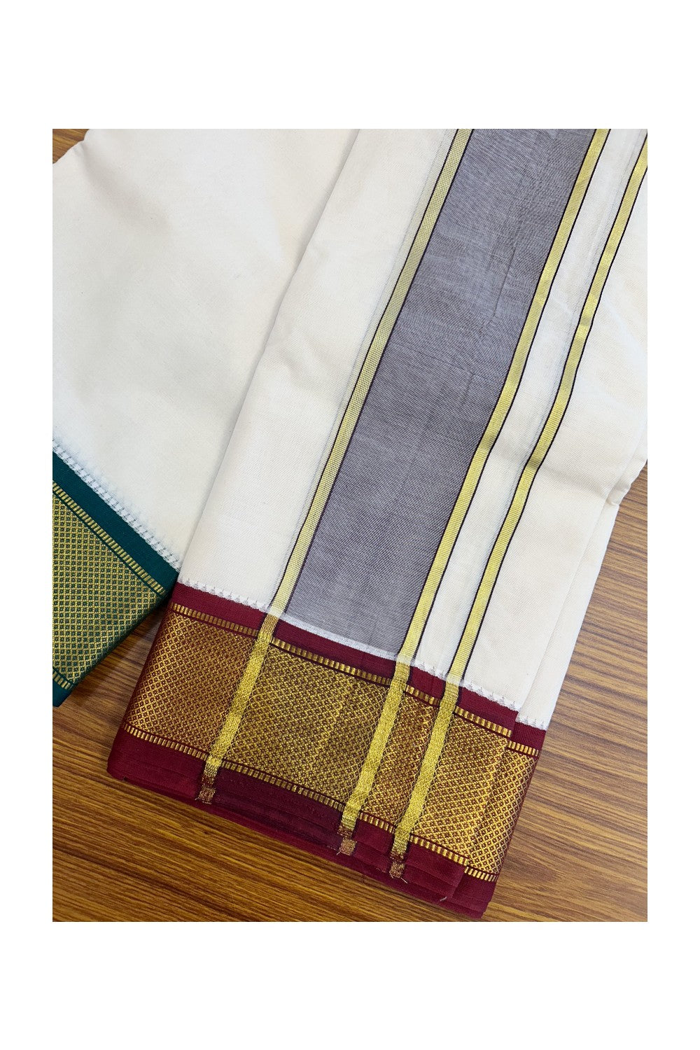 20% DISCOUNT! KaithariKada 100% Cotton Off White - (Unbleached) 100x100 thread - NORTH INDIAN- ATTACHED GAMCHA 9x5 Dhoti 3.5 inch Violet kara with Maroon & Dark Green Kasavu border - 28KK5196PMC
