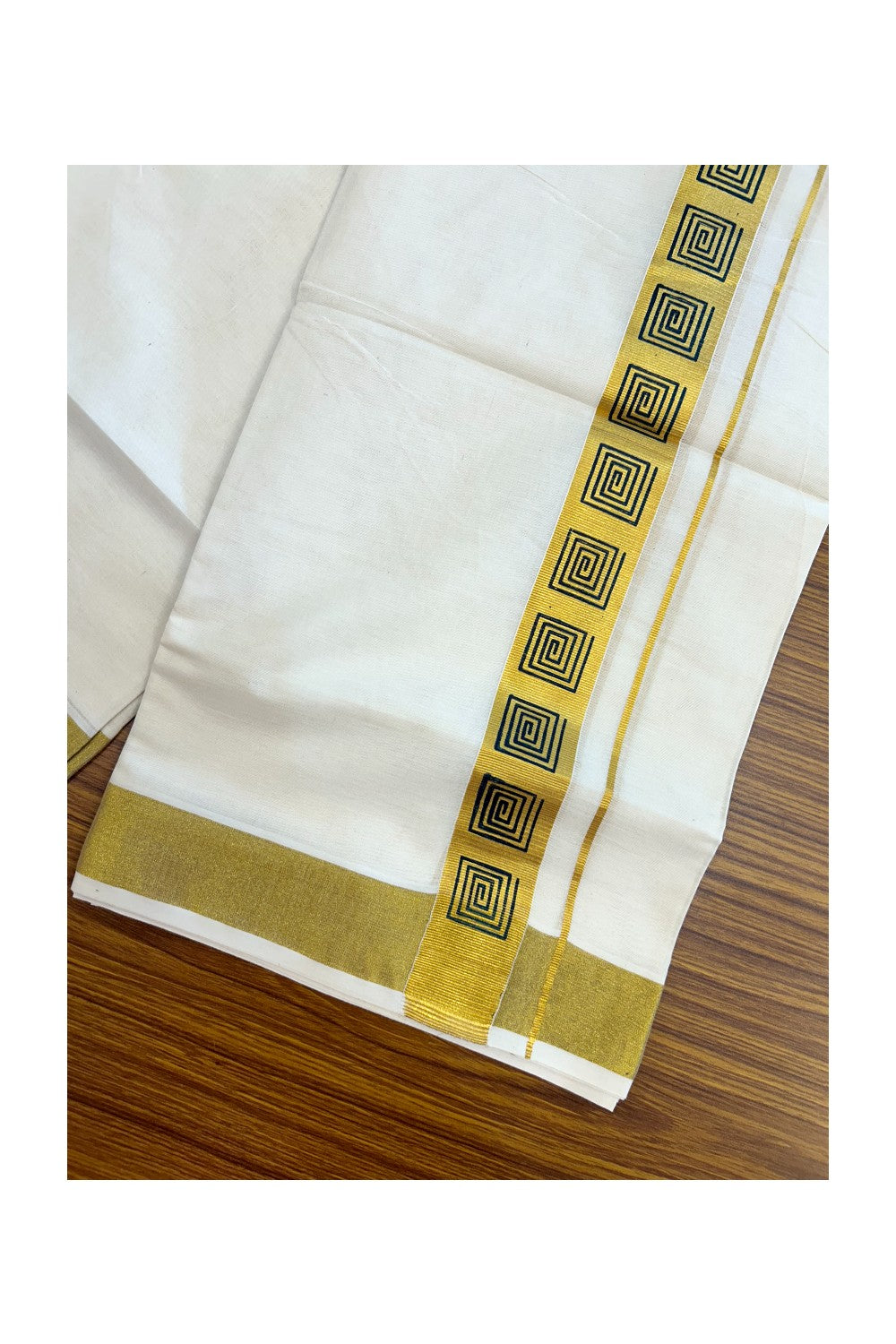22% Discount!! KaithariKada Balaramapuram 100% Cotton DOUBLE OFF WHITE - (Ubleached) Mundu/Dhoti - 80x90 - 1.5 inch Gold Kasavu with Dark Green Printed Design Kara - 28KK5219 GAN