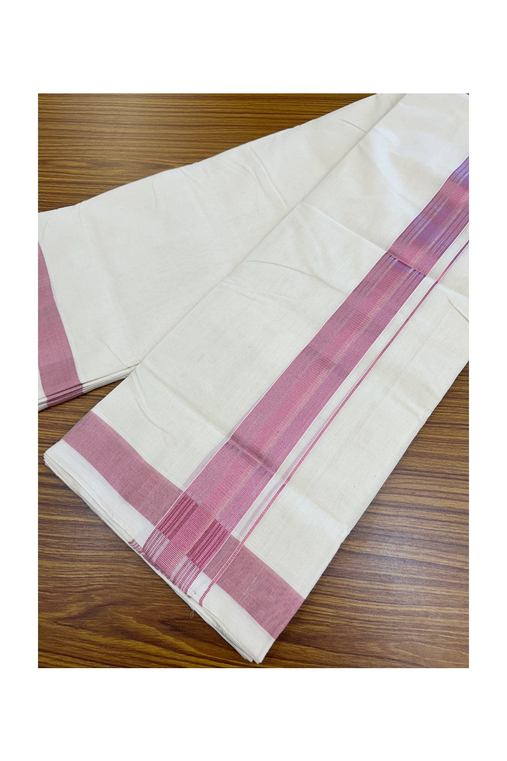 25% DISCOUNT!! KaithariKada HANDLOOM MILLPAAV Balaramapuram - 100% PURE Cotton OFF White (Unbleached) Double Mundu/Dothi -80x90 - 2 inch ROSE PINK Kasav Striped kara 4 mtr (8.5 muzham) - 27KK5234 RAM