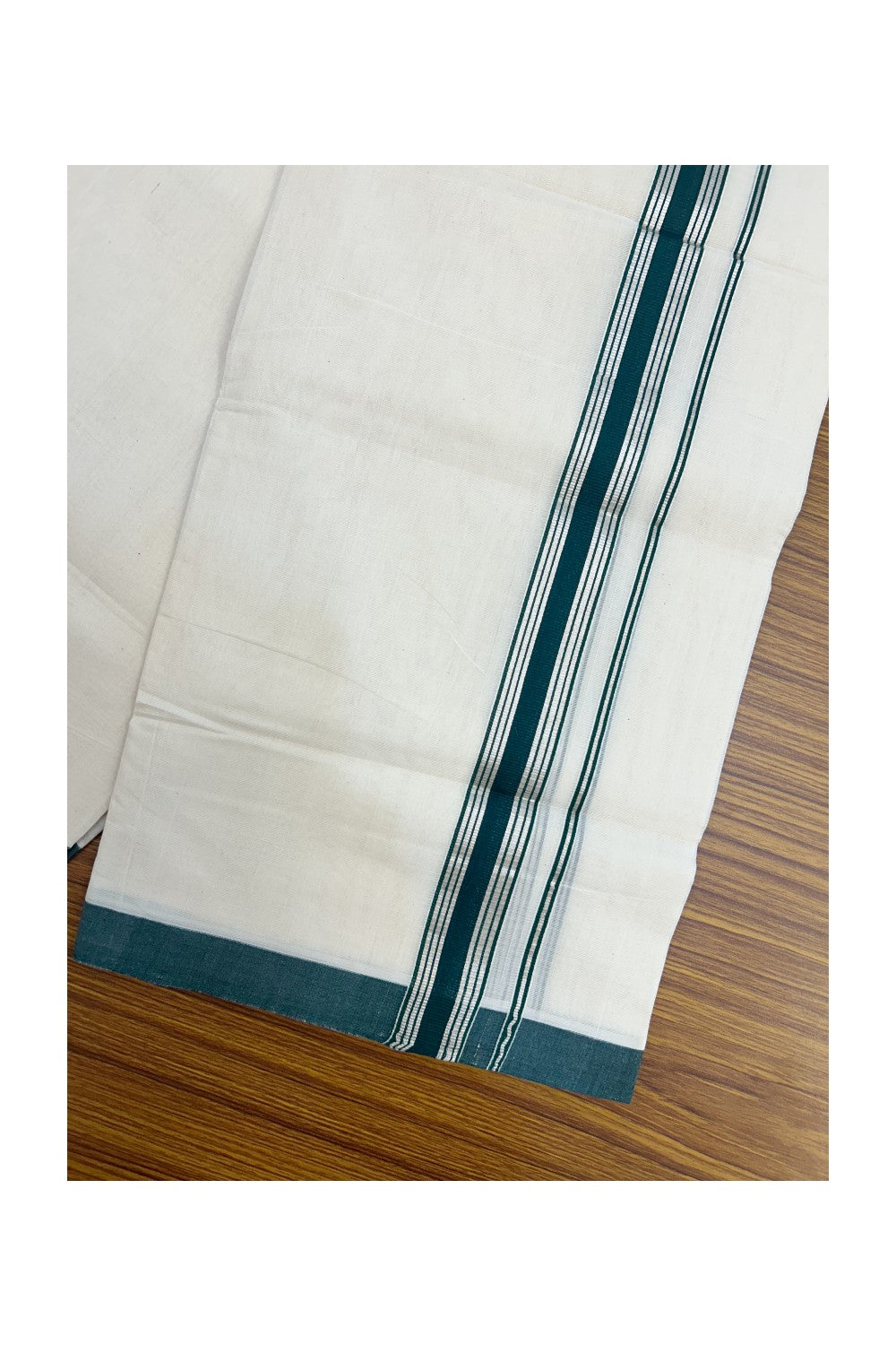 25% Discount!!! KaithariKada HANDLOOM MILLPAAV Balaramapuram - 100% PURE Cotton OFF WHITE (Unbleached) Double Mundu/Dhoti - 80x90 - 1.25 inch Silver kasavu Green striped kara 4 Mtr (8.5 Muzham) - 28KK5235 YAR