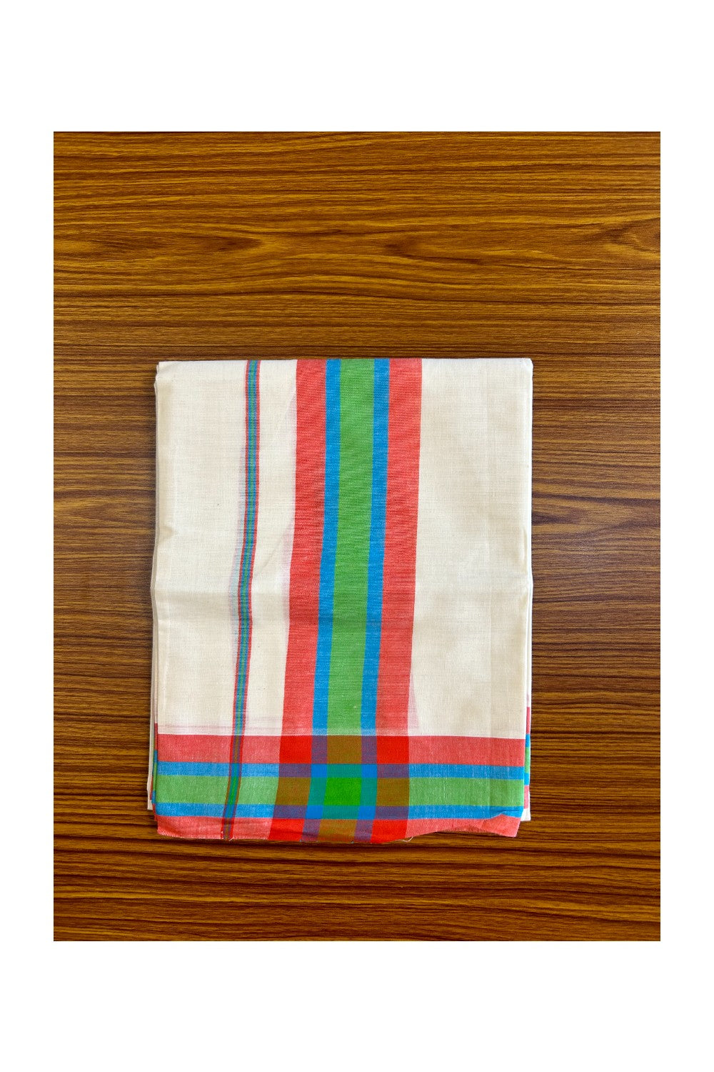 15% Discount!! KaithariKada - Kerala Cotton SINGLE SET MUND FOR WOMEN - EXTRA LENGTH - Red, Light Blue & Green Stripes Mulloth Kara- 28KK472CKA