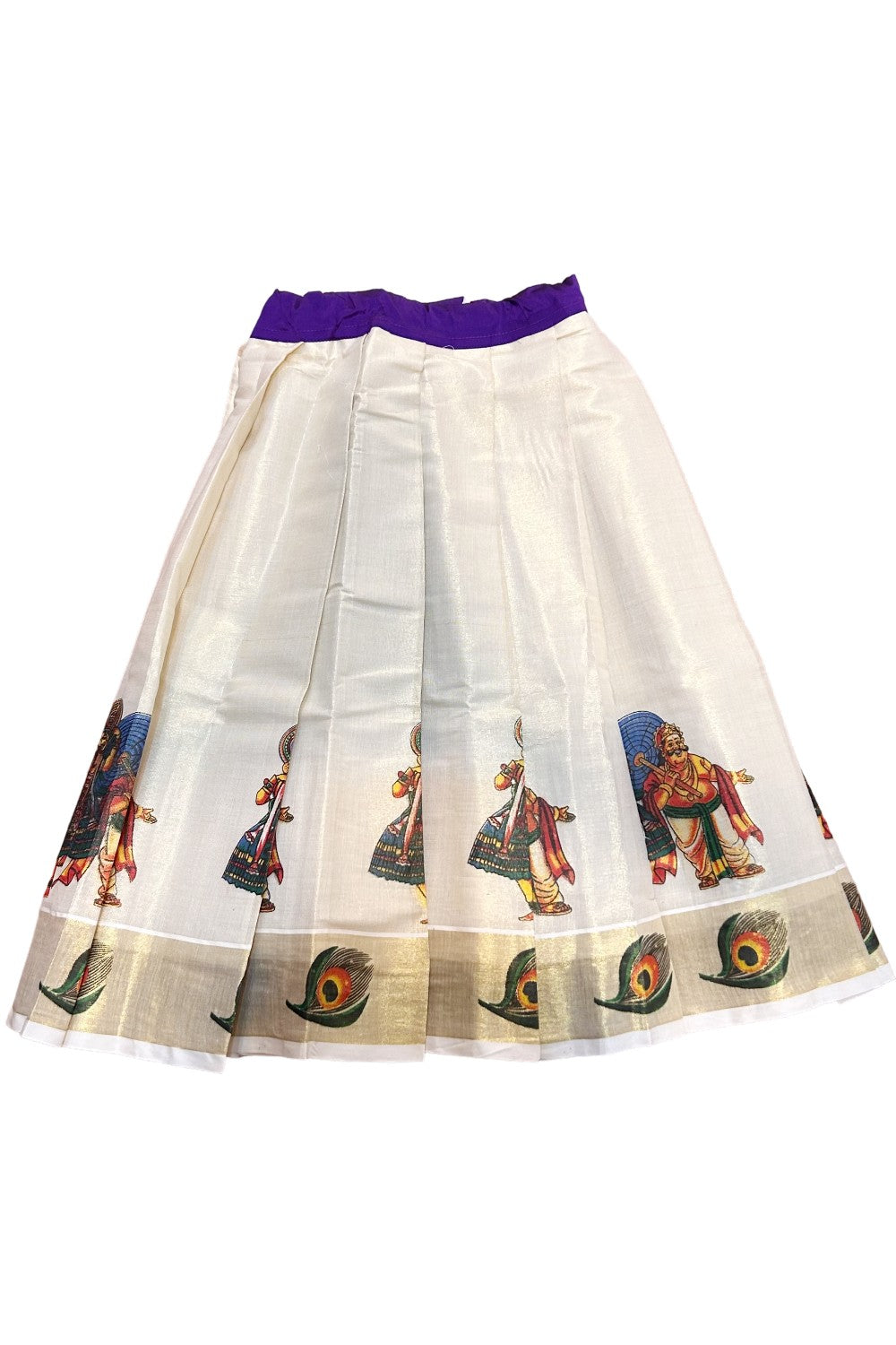Midukki-Traditional South Indian Kids Pattu Pavada- Violet top tissue skirt with peacock feather print- Age 6 - KK6MID0028