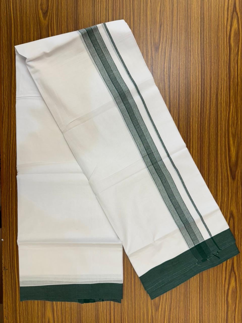 20% Discount ! KaithariKada Balaramapuram 100% Cotton Double Pure white Mundu/Dhoti- 100x80 - 1.5 inch Green shaded striped Kara - 3.90mtr ( 8 muzham) - 27 KK5251 PMC
