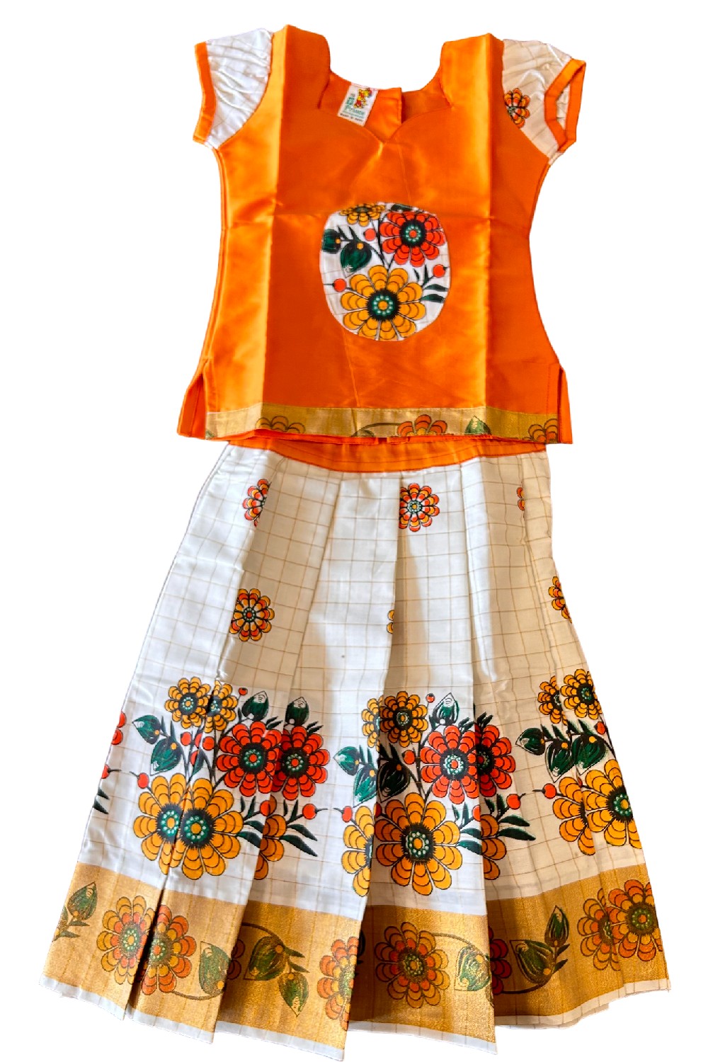 Midukki-Traditional South Indian Kids Pattu Pavada- Orange top white check skirt with kasavu flower print- Age 3 - KK3MID0029