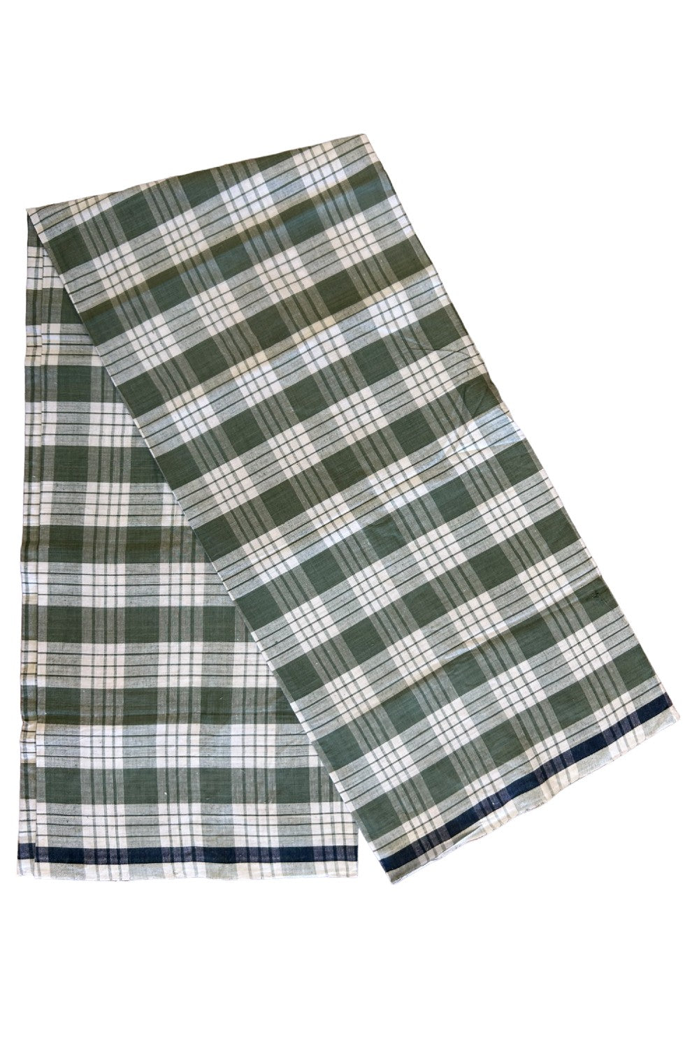 10% DISCOUNT ! KaithariKada Kalamachal 100% Pure Cotton -(80X80) Twisted Thread Handloom Single Mundu/Dhoti - Green Check COLOUR BODY & White striped Kara- 29KK479KAL