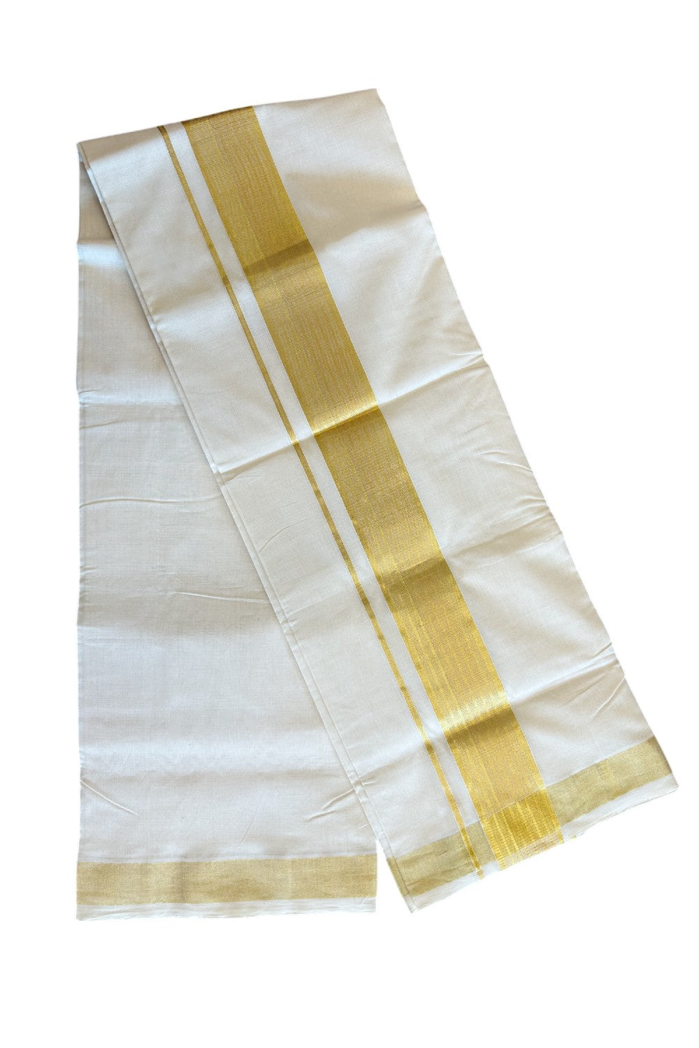 25% DISCOUNT ! KaithariKada HANDLOOM Unakkupaav Balaramapuram - 100% PURE Cotton Off White (Unbleached) Double Mundu/Dhoti - 2.25 INCH KASAVU STRIPES KARA - 2KK71RAM