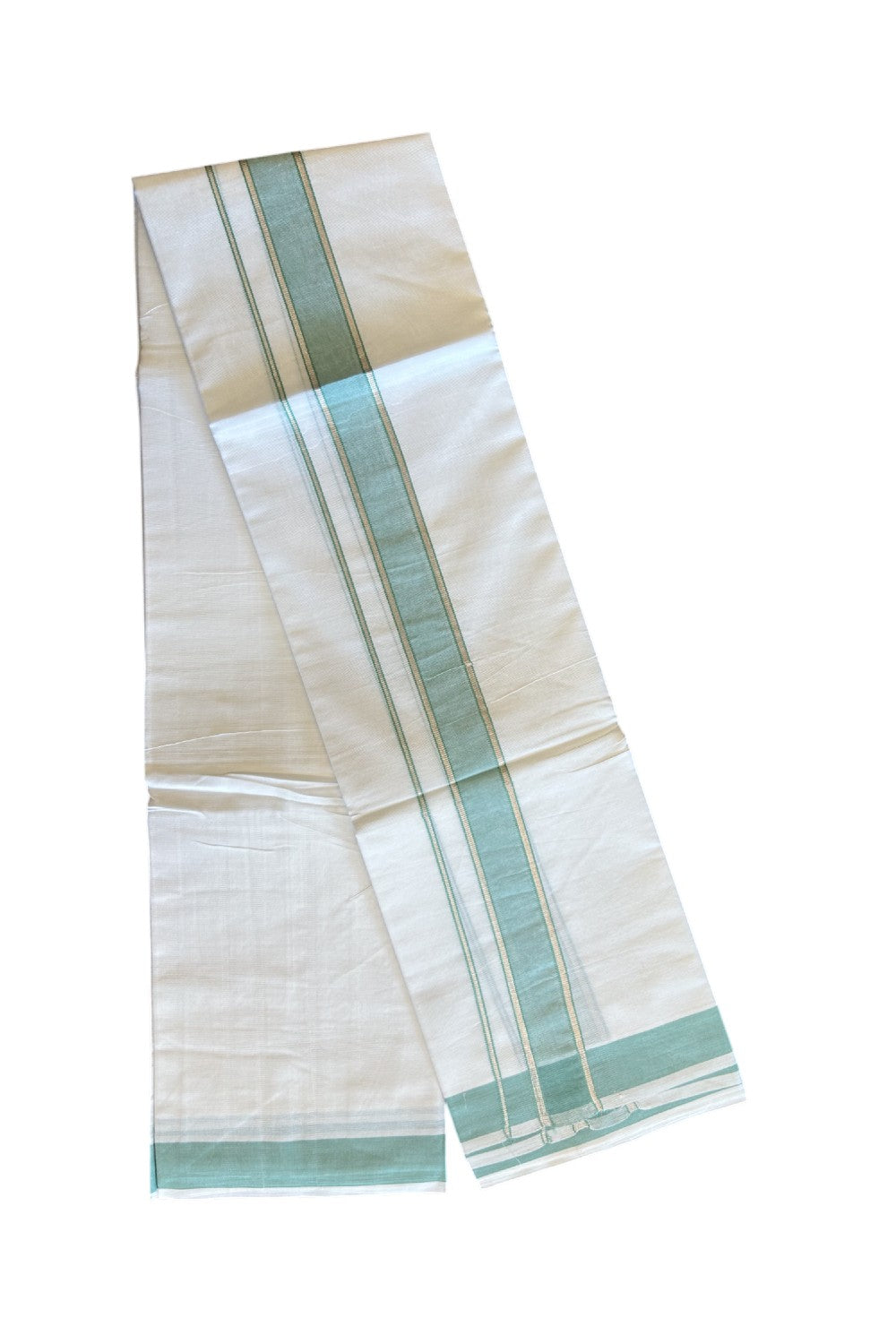 29% DISCOUNT! KaithariKada Balaramapuram 100% Mercerised Cotton Double ULTRA PURE white Mundu/Dhoti - 100x100 2.25 inch Silver Kasavu & Light Pista green Kara - 29KK5108GAN