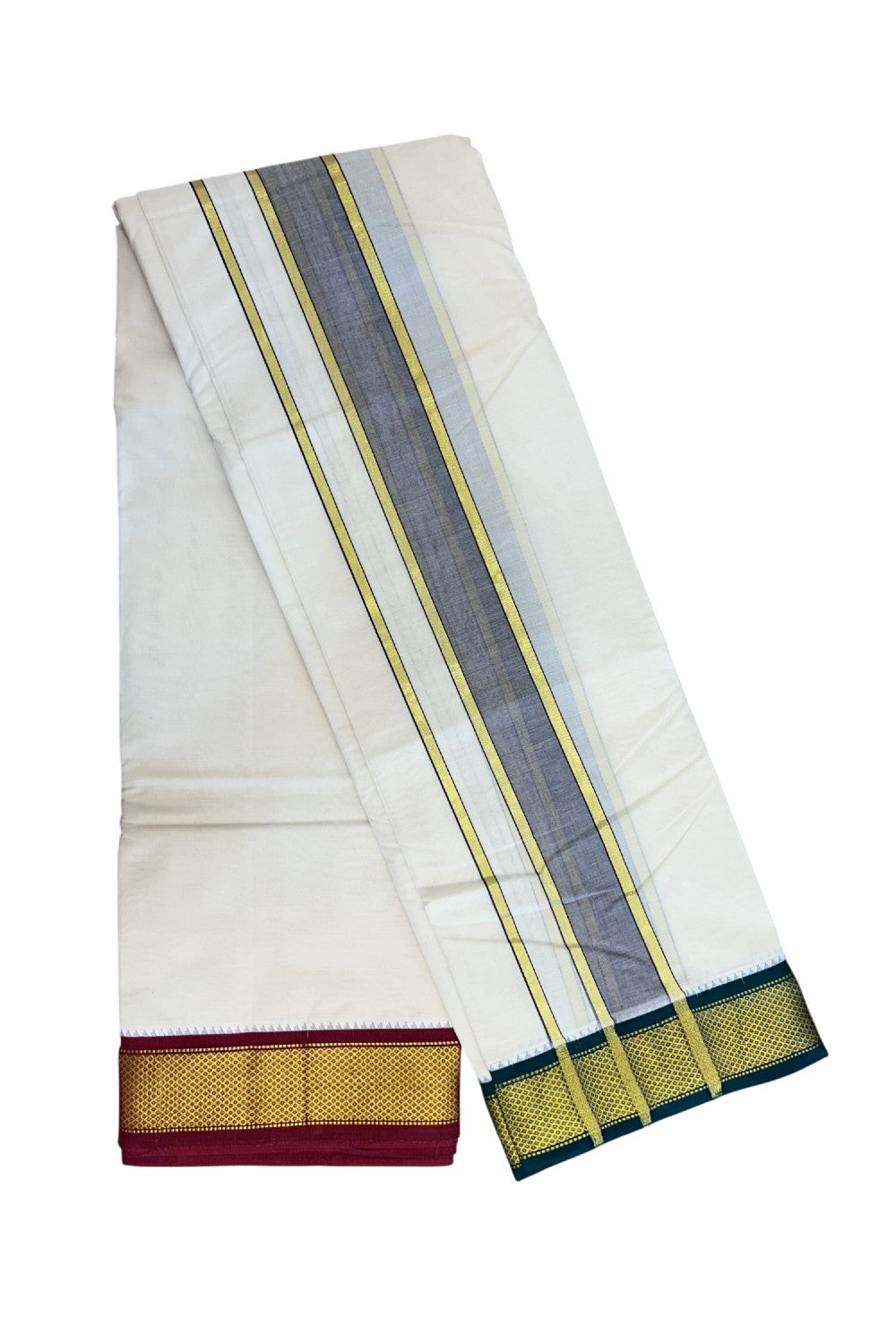 20% DISCOUNT! KaithariKada 100% Cotton Off White - (Unbleached) 100x100 thread - NORTH INDIAN- ATTACHED GAMCHA 10x6 Dhoti 2.25 inch Violet kara with Maroon & Dark Green Kasavu border - 29KK5196PMC
