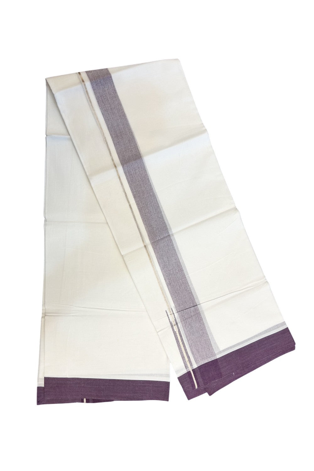 20% DISCOUNT!! Kaitharikada Balaramapuram 100% Pure Cotton PURE WHITE Double Mundu/Dothi - 100x80 - 1.75 Inch Silver Kasavu Grape shaded Stripes Puliyilakkara Chutty - 29KK5217 CKS