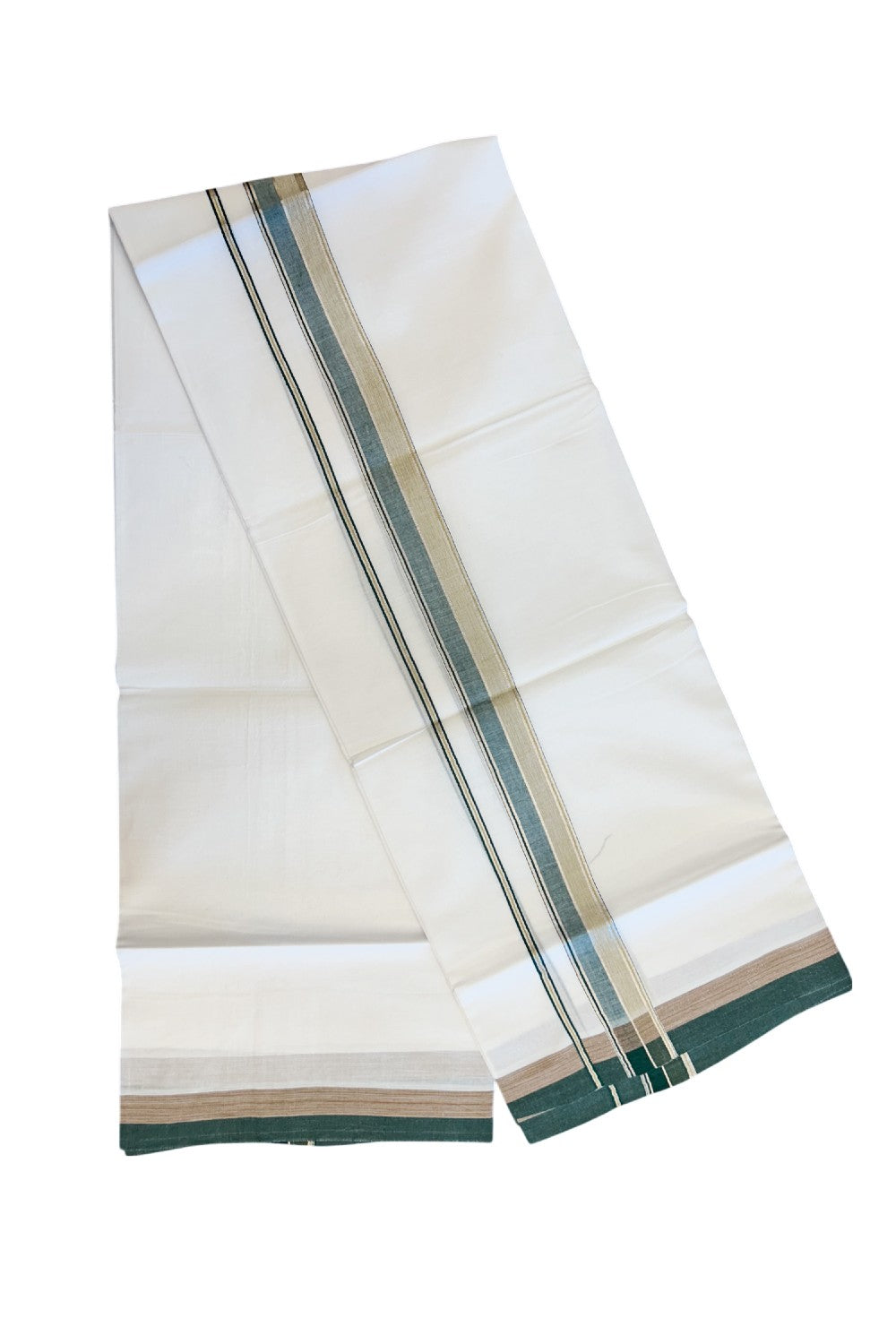 20% DISCOUNT! KaithariKada Balaramapuram 100% Cotton Double Pure white Mundu/Dhoti- 100x80 - 1.5 inch Silver Kasavu Green & Light Brown Shaded Striped Kara - 3.84mtr ( 8 muzham) - 29KK5227 PMC