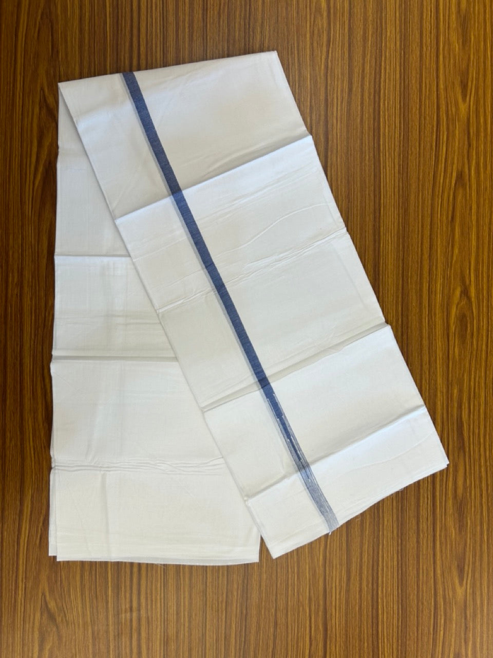 20% DISCOUNT!! NEW!! KaithariKada Balaramapuram 100% Cotton PURE WHITE Double Mundu/Dhoti - (100x80)s - 0.5 inch Blue Kara chutty - 29 KK5249 VIN