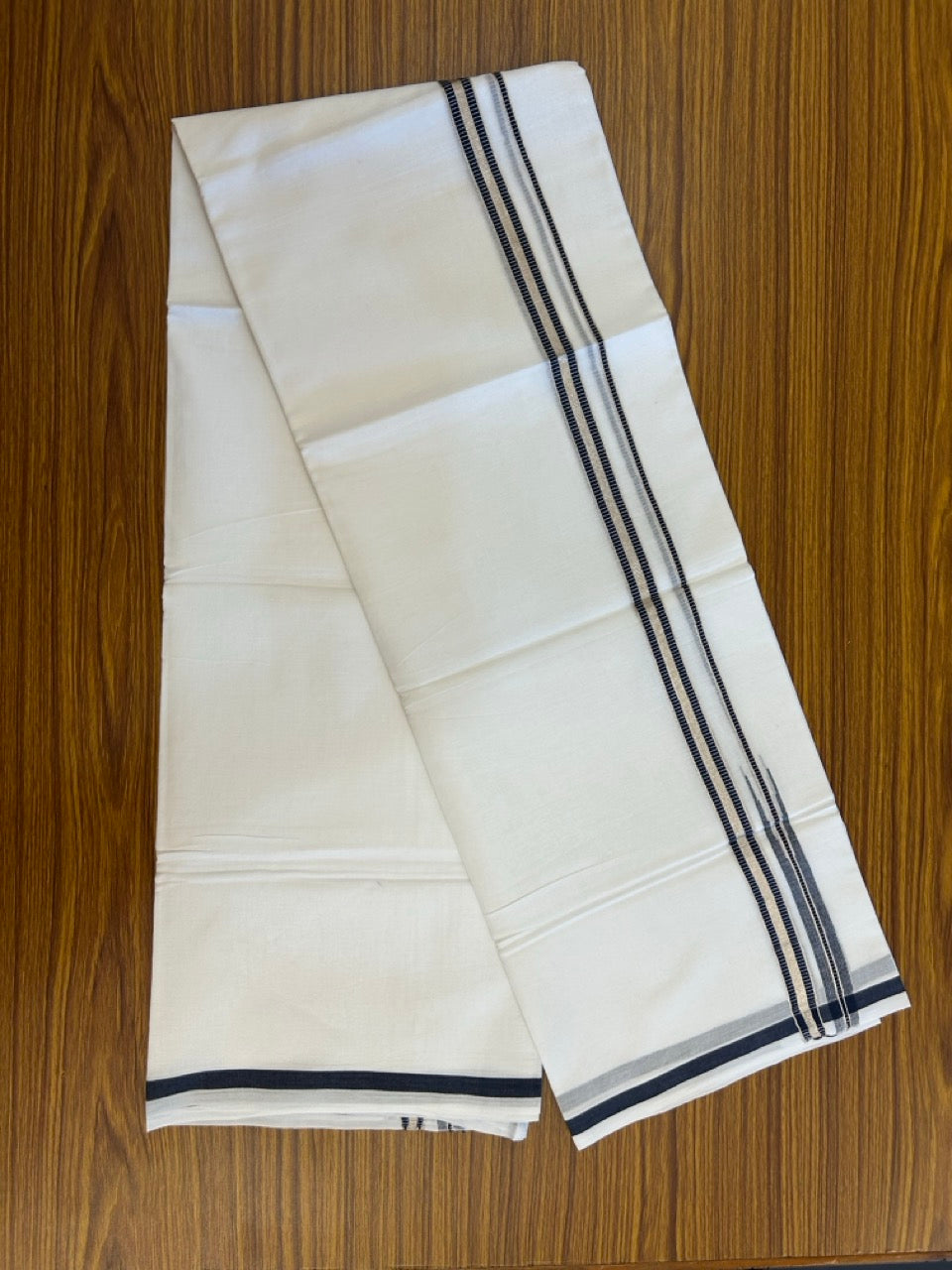 20% Discount! KaithariKada Balaramapuram 100% Cotton Pure white Double Mundu/Dhoti - (100x80)s - 0.75 Dark Navy Blue Chutty Silver Kasav - 29 KK5252 CKS