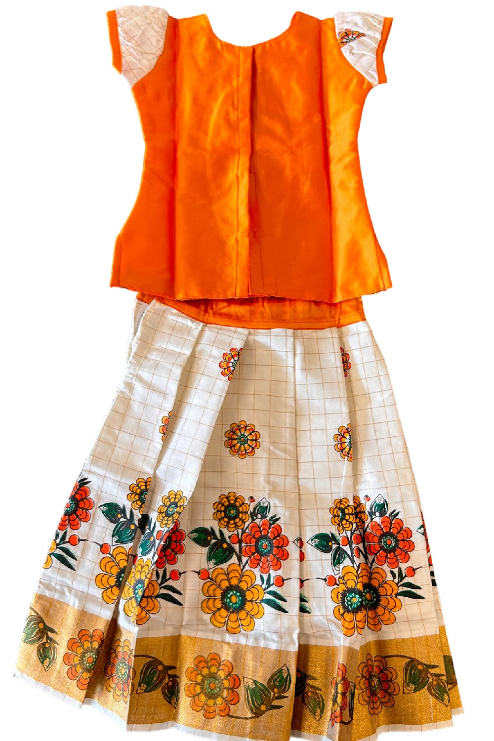 Midukki-Traditional South Indian Kids Pattu Pavada- Orange top white check skirt with kasavu flower print- Age 3 - KK3MID0029