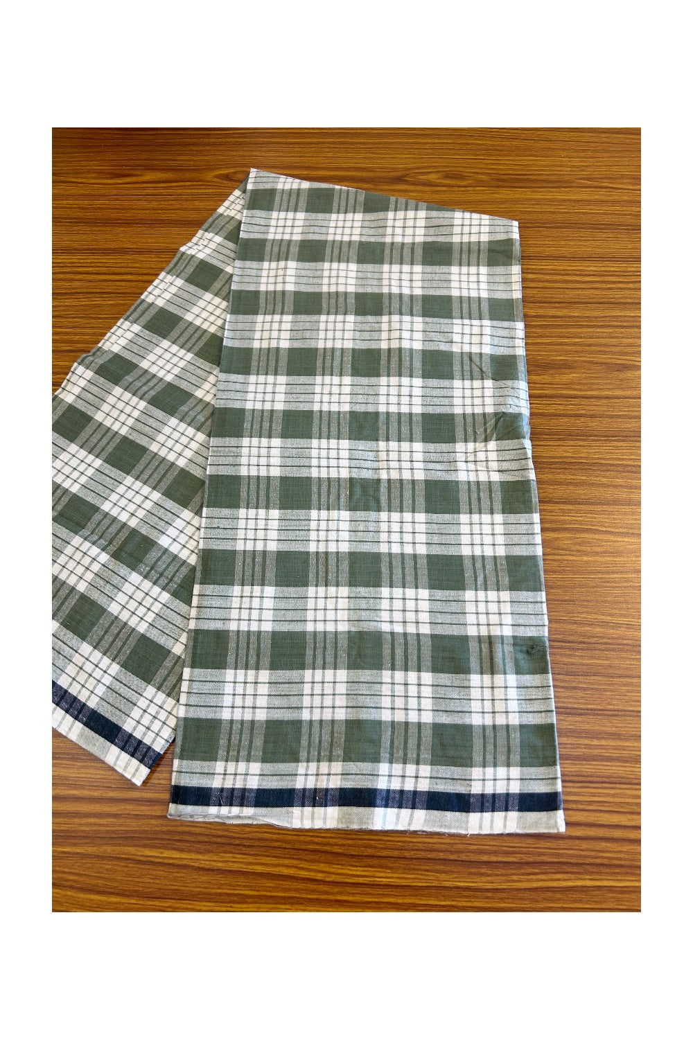 10% DISCOUNT ! KaithariKada Kalamachal 100% Pure Cotton -(80X80) Twisted Thread Handloom Single Mundu/Dhoti - Green Check COLOUR BODY & White striped Kara- 29KK479KAL